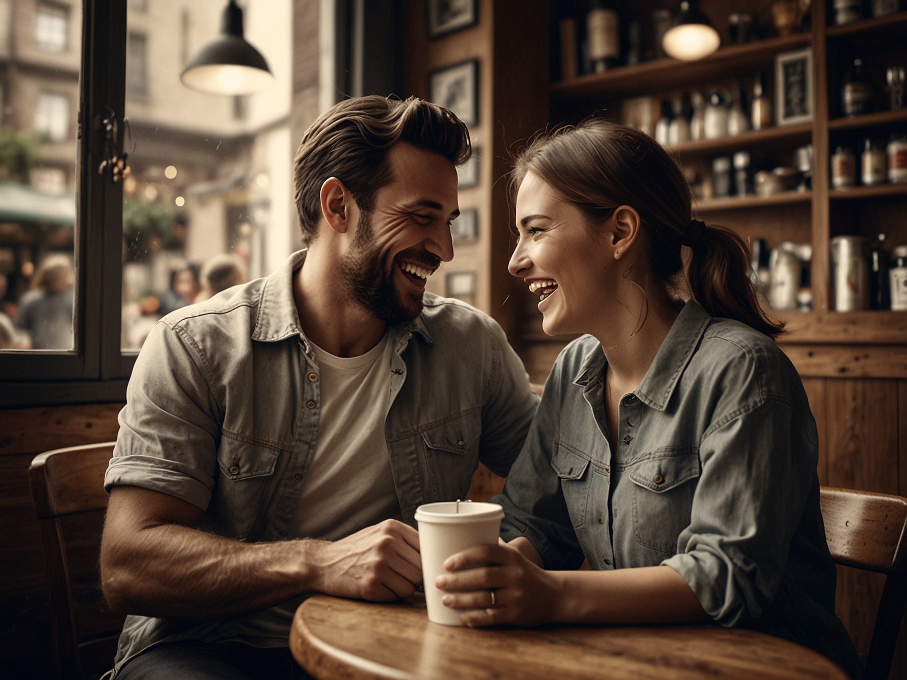 A couple laughing together at a cafe, highlighting the importance of humor and shared jokes in building connections and making conversations enjoyable.