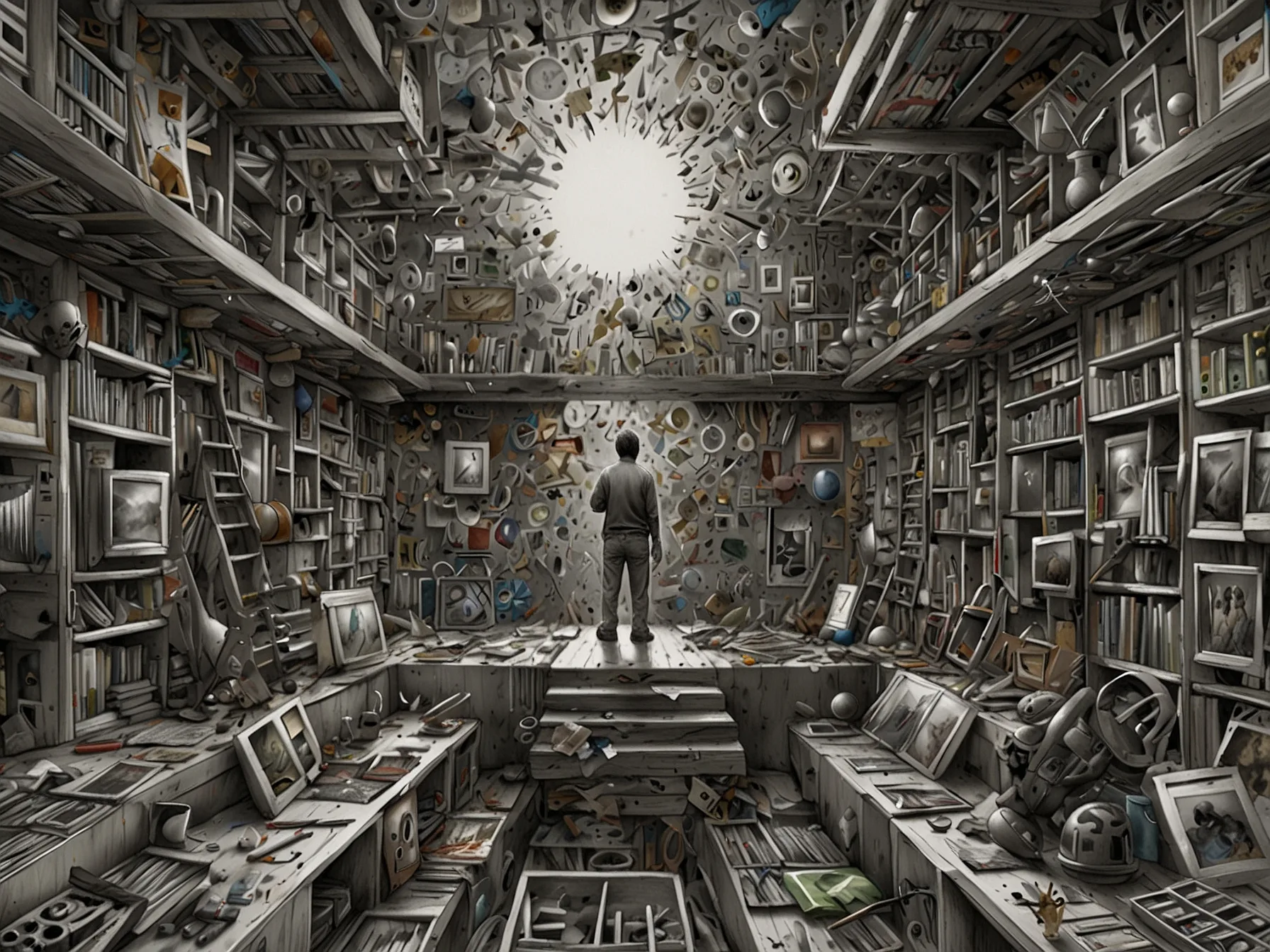 An artistic representation of 'Everything Everywhere All at Once', illustrating the chaos and harmony within the human experience, reflecting life’s complex nature.