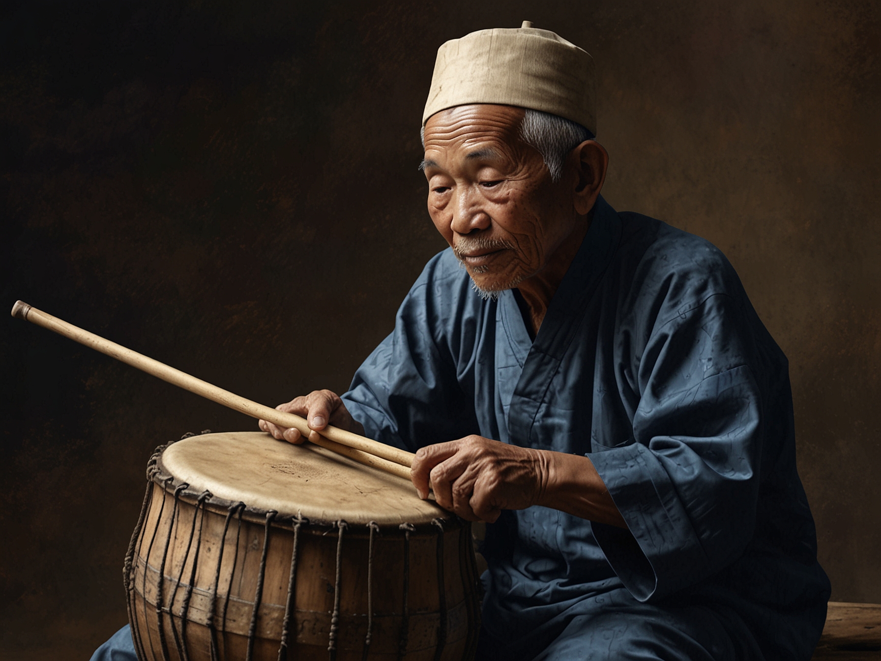 An elderly traditional musician playing a dan bau, symbolizing the preservation of Vietnamese folk music and culture amidst the changes in modern music.