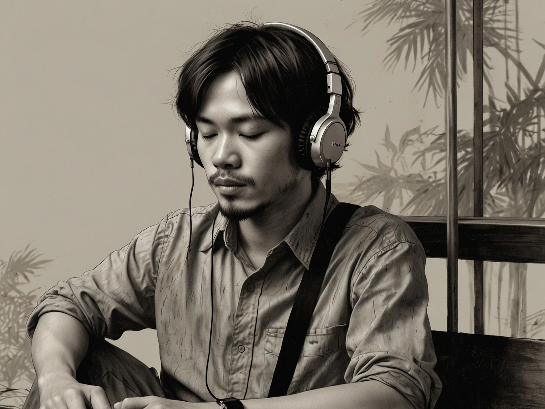 A tranquil scene of a listener with headphones, deeply absorbed in a ballad, illustrating how Vietnamese music serves as a source of comfort and emotional therapy.