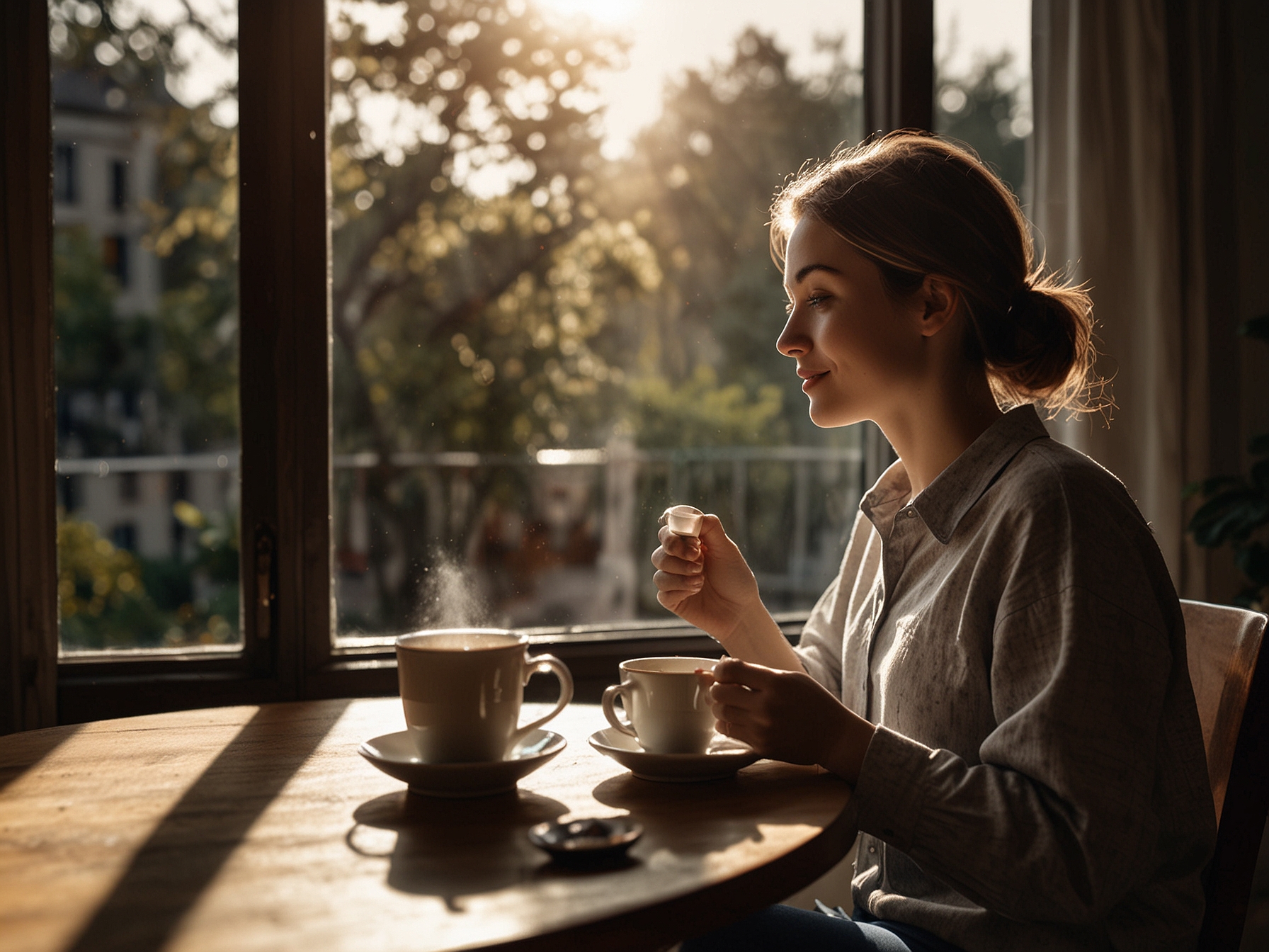 A person enjoying tea by the window, sunlight streaming in, creating a cozy atmosphere that emphasizes relaxation and mindfulness during a busy day.