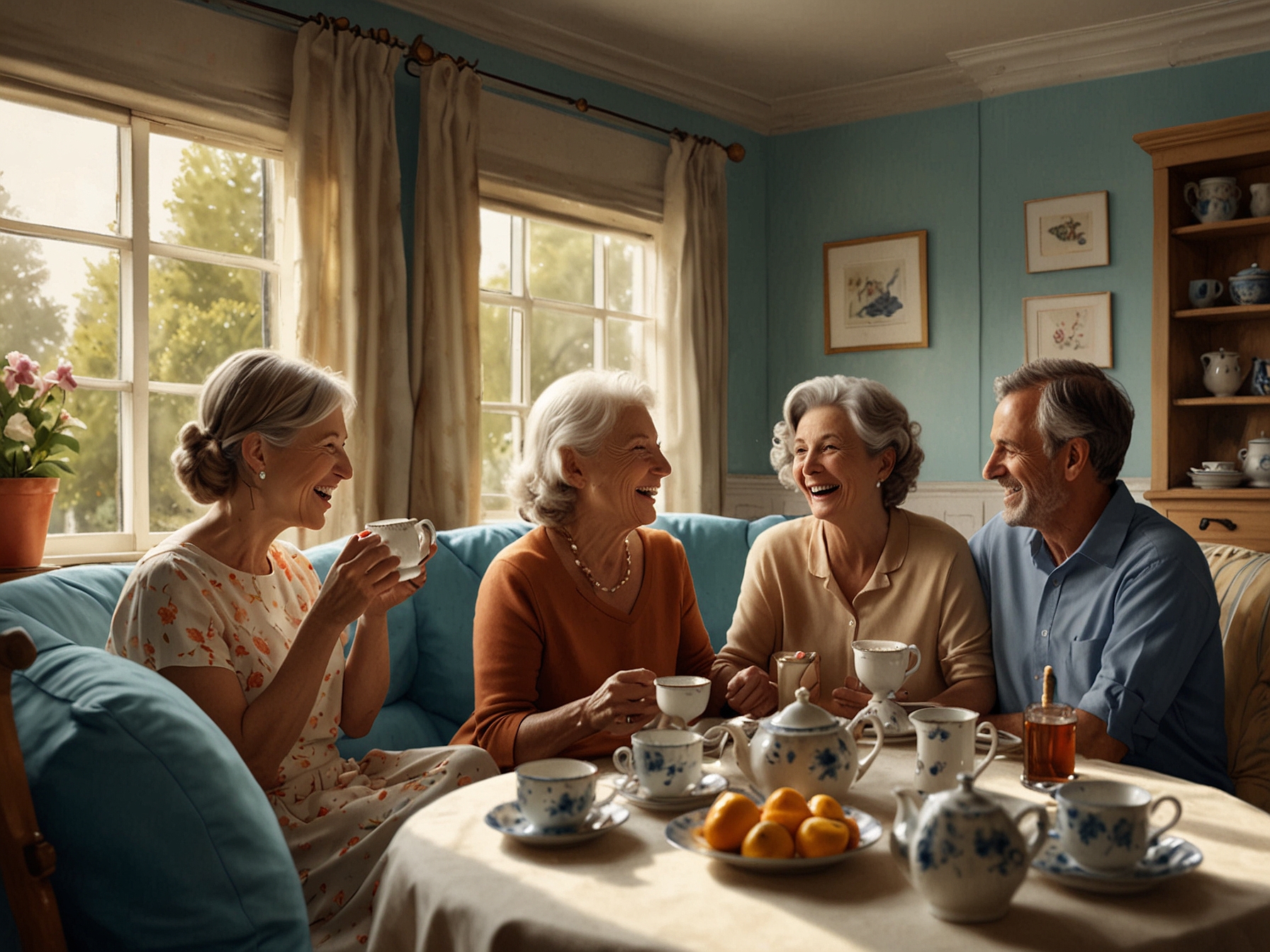 A heartwarming scene of family members sharing laughter and stories over tea, illustrating how afternoon tea fosters connection and cherished memories.