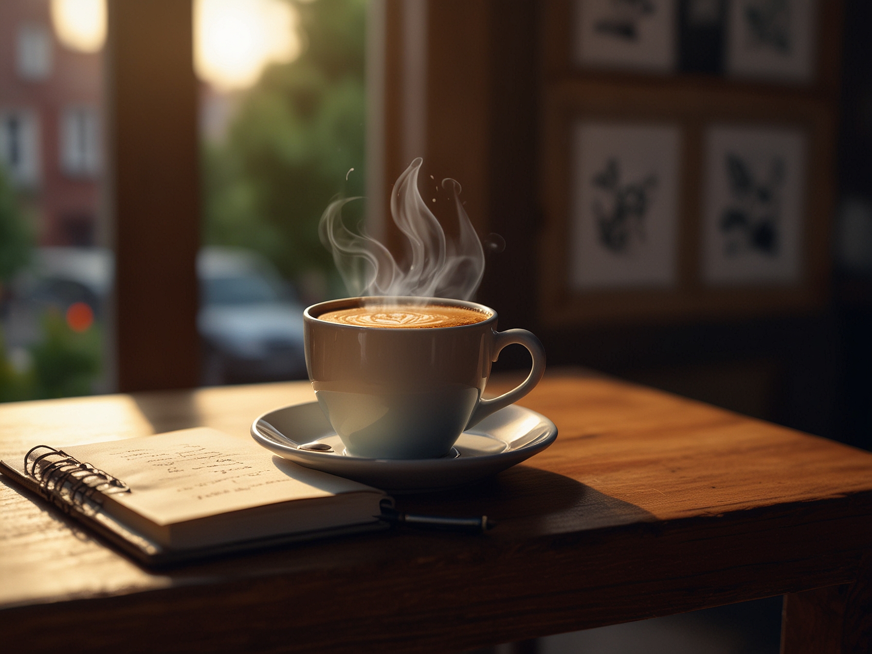 A warm cup of coffee placed on a table in a cozy café, with a journal and pen beside it, symbolizing reflection and the therapeutic nature of writing.