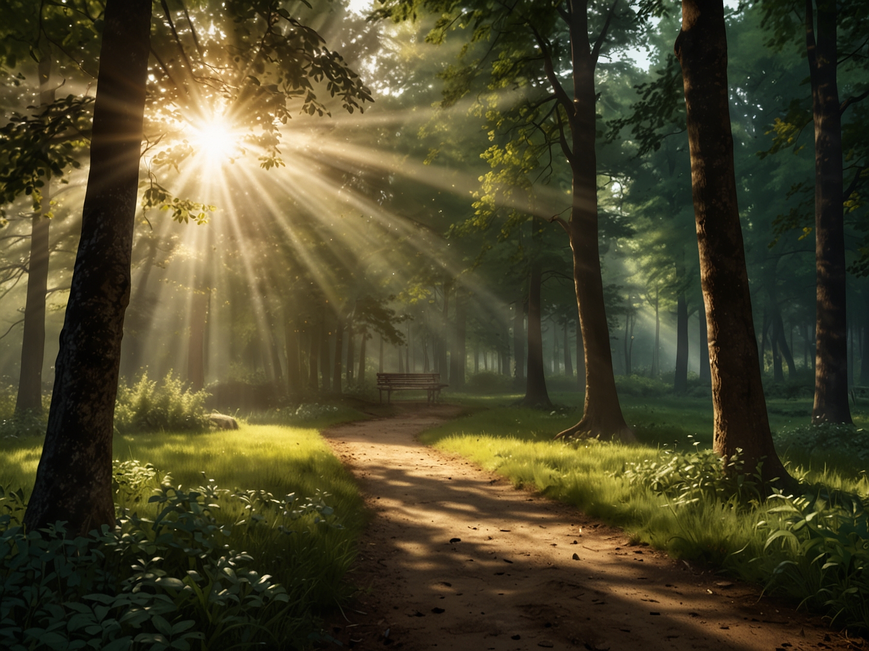 A bright sunbeam shining through the trees in a serene park, highlighting the theme of hope and the healing effects of nature.