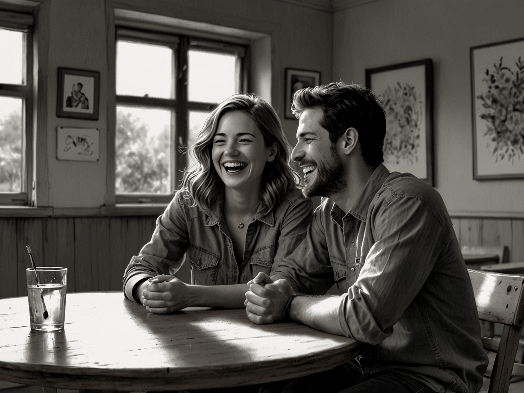 Two friends sitting together, sharing laughter and stories at a table, emphasizing the importance of connection and support during difficult times.