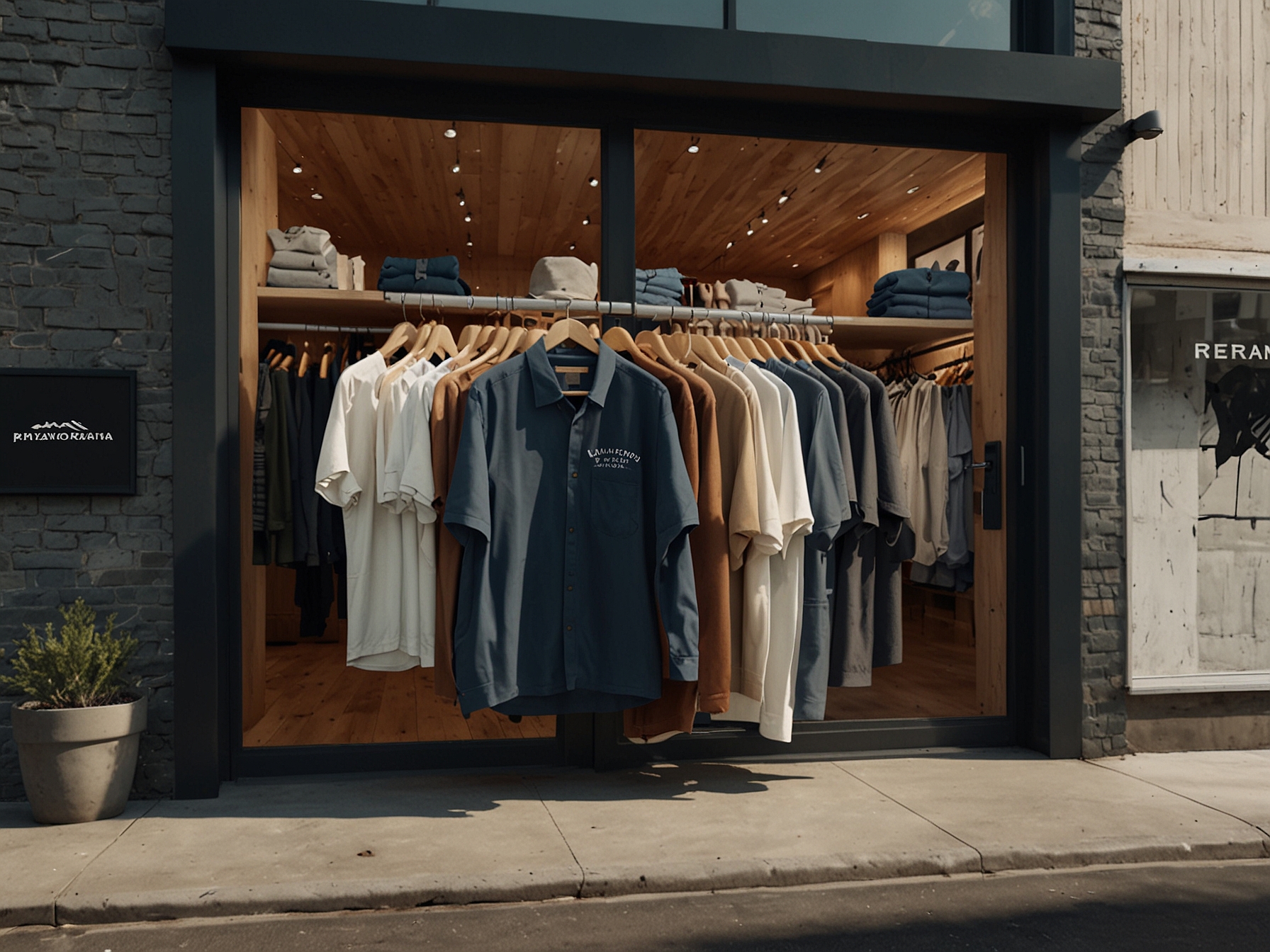 An outdoor shop displaying ethically produced clothing, with a focus on branding from popular sustainable brands like Patagonia and Everlane.