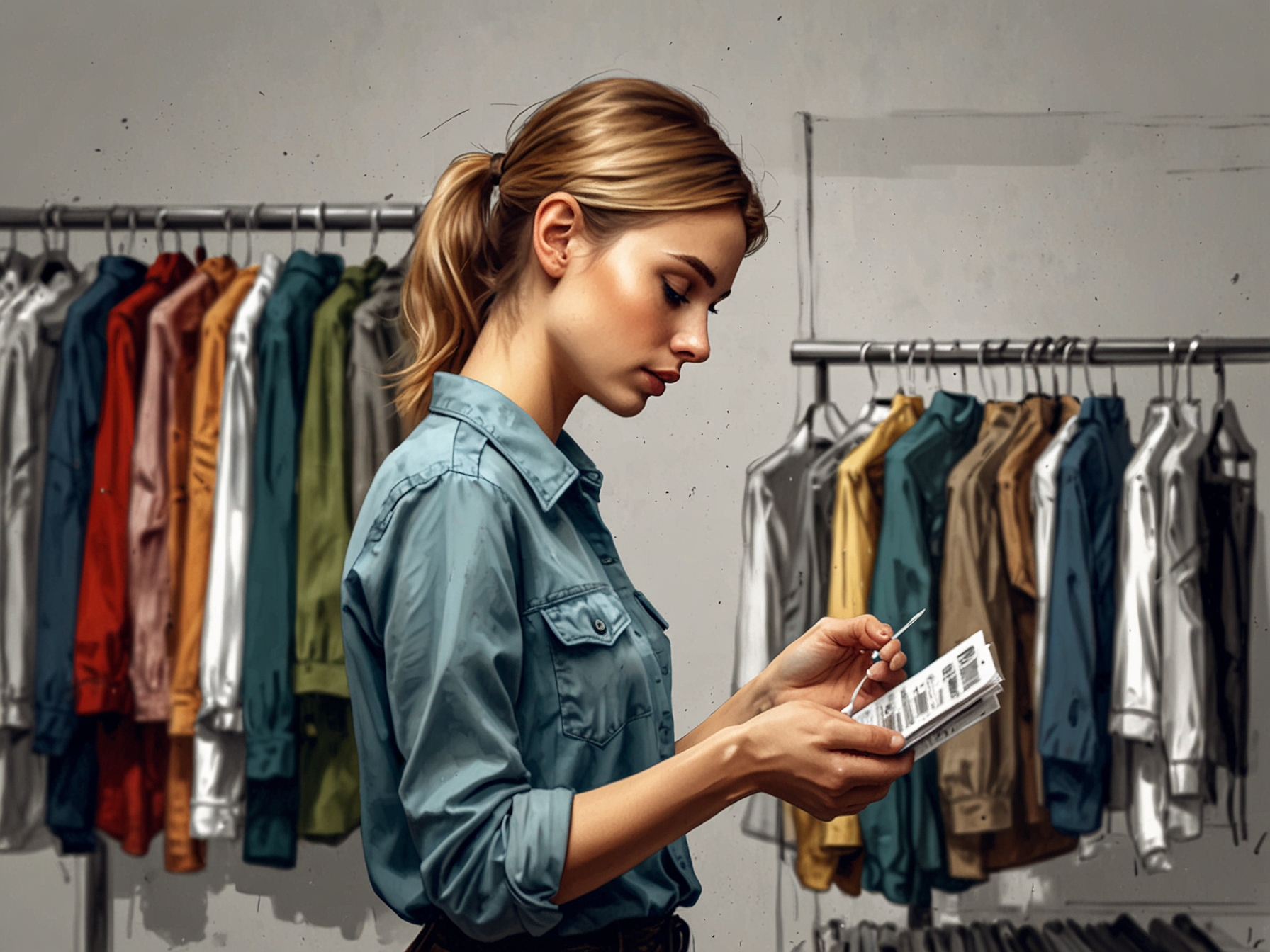 A young consumer thoughtfully examining clothing tags in a store, representing the growing awareness and responsibility about fashion consumption.