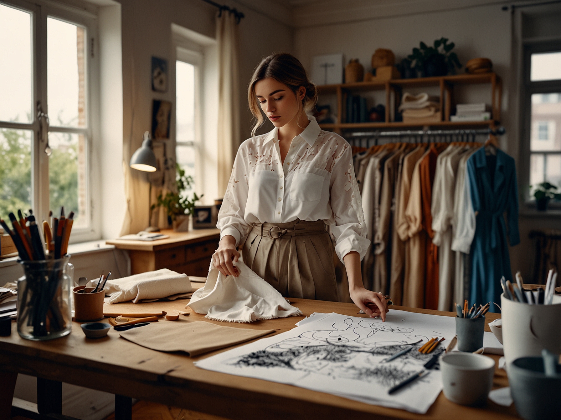 A fashion designer working in a studio, surrounded by natural fabrics and innovative materials, illustrating the role of technology in sustainable fashion.