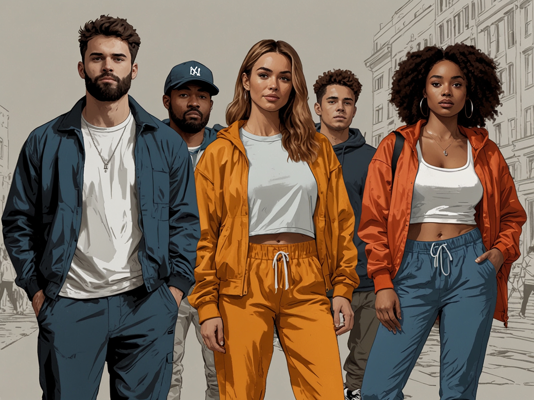 A group of diverse young people wearing comfortable athleisure outfits in a casual setting, reflecting the comfort and style demand post-pandemic.