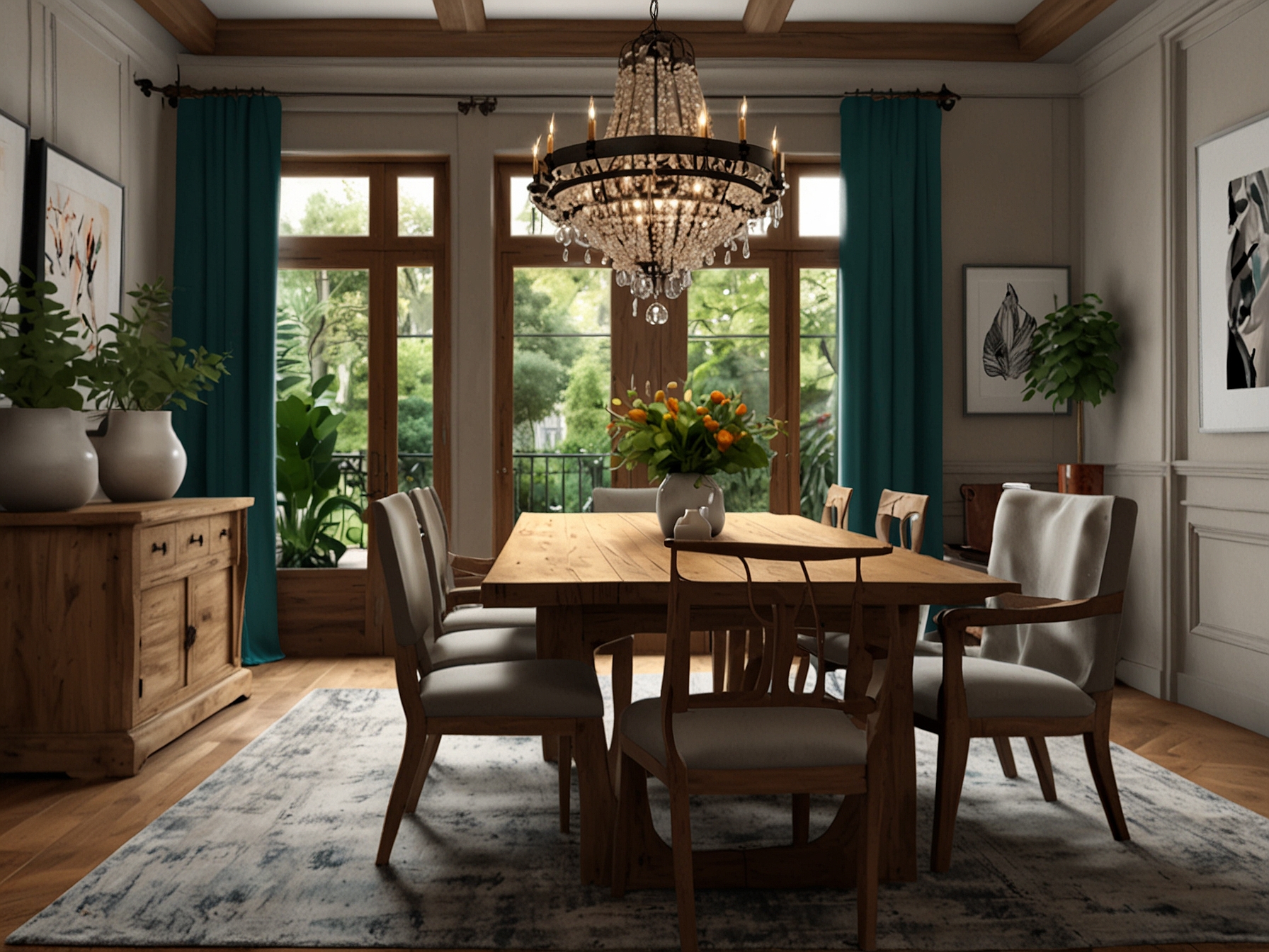 An elegant dining area decorated with a classic chandelier, surrounded by natural wood furniture and vibrant plants, showcasing a blend of modern and traditional design elements.