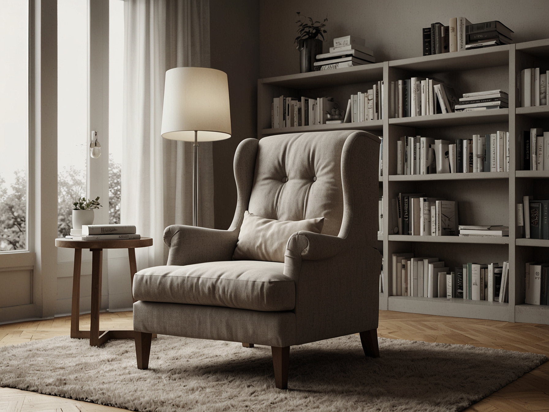 A serene reading nook with a comfortable armchair, stacked books, and a small side table, emphasizing a perfect spot for relaxation and contemplation.