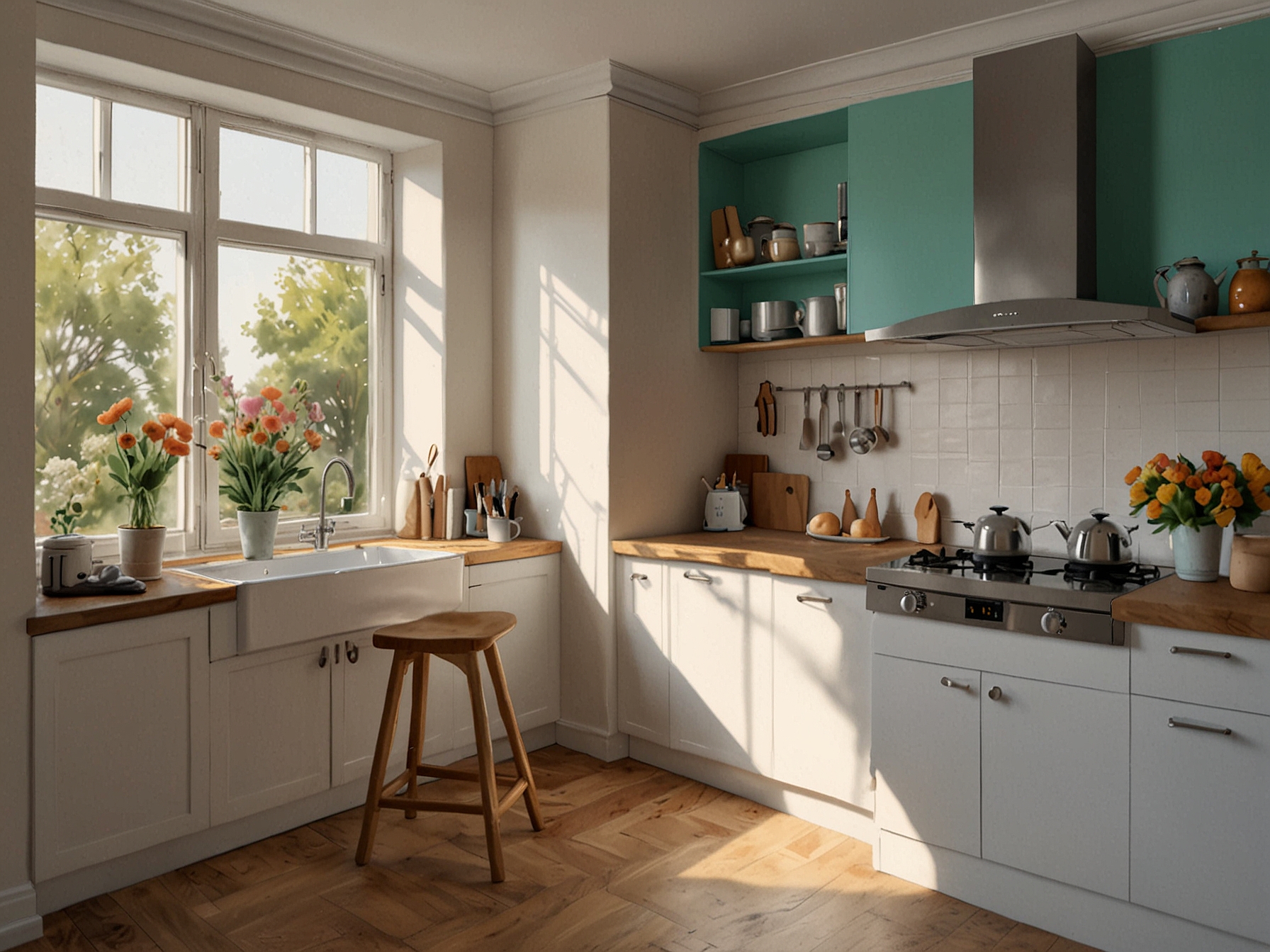 A bright and airy kitchen with light-colored walls and fresh flowers on the countertop, illustrating the importance of color in enhancing the home environment.