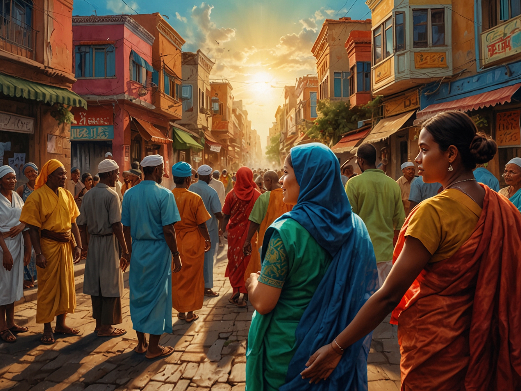 A colorful portrayal from 'The Senses of Heaven' depicting community engagement and societal roles, urging reflection on our contributions to society.