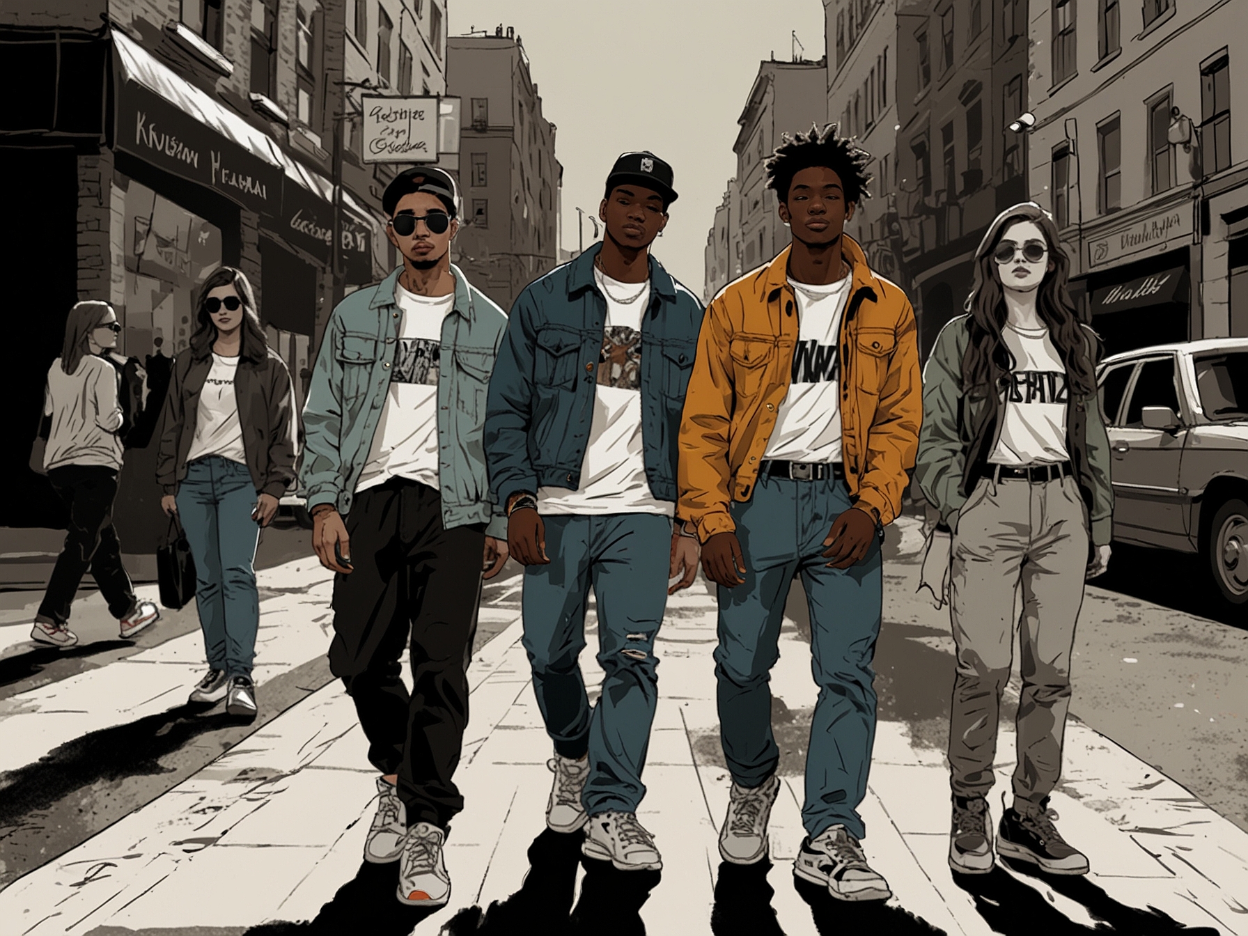 A street scene illustrating diverse fashion styles, featuring young individuals dressed in a mix of vintage and contemporary streetwear, expressing their unique identities.