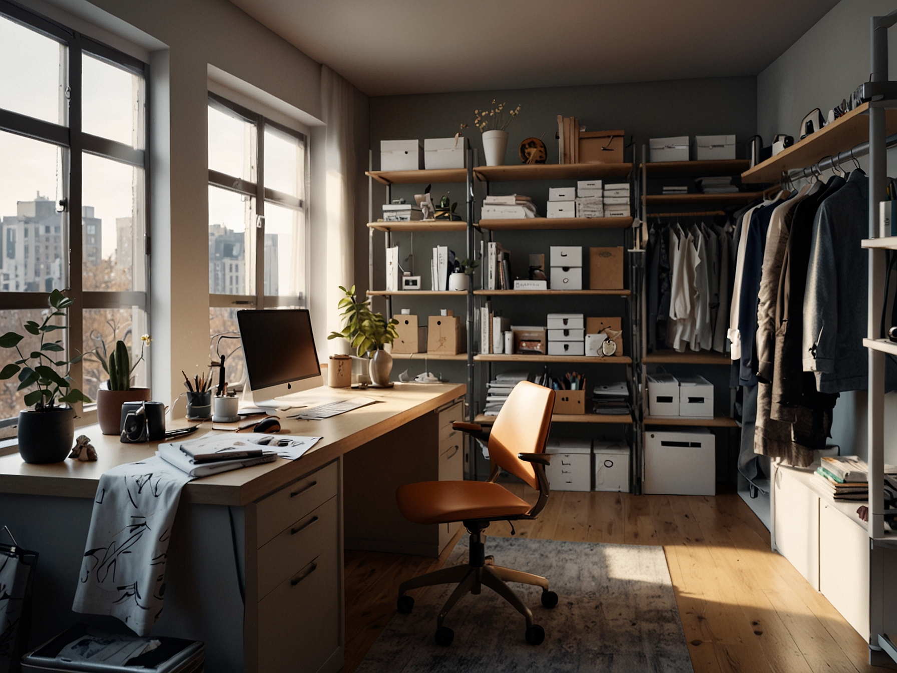 A creative workspace where personal styling takes place, with various clothing items, shoes, and accessories laid out, representing the exploration of personal style.