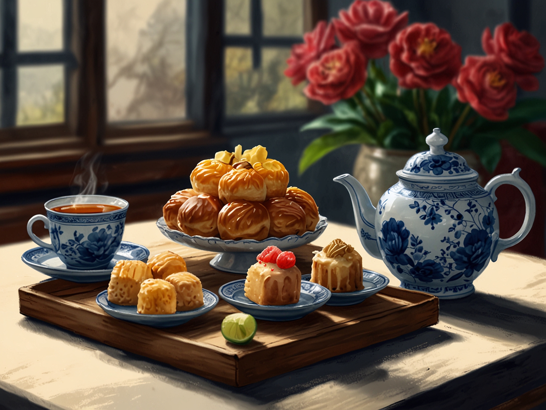 A beautifully arranged tea set on a table with various traditional Vietnamese pastries, showcasing the delightful pairing of tea and snacks.