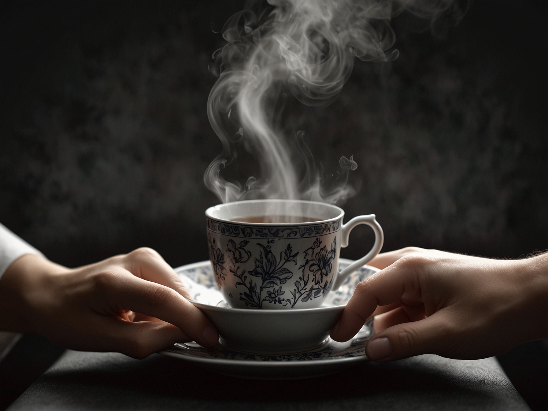 A close-up of hands holding a steaming cup of tea, with fragrant steam rising, symbolizing the ritual of savoring the moment during afternoon tea.