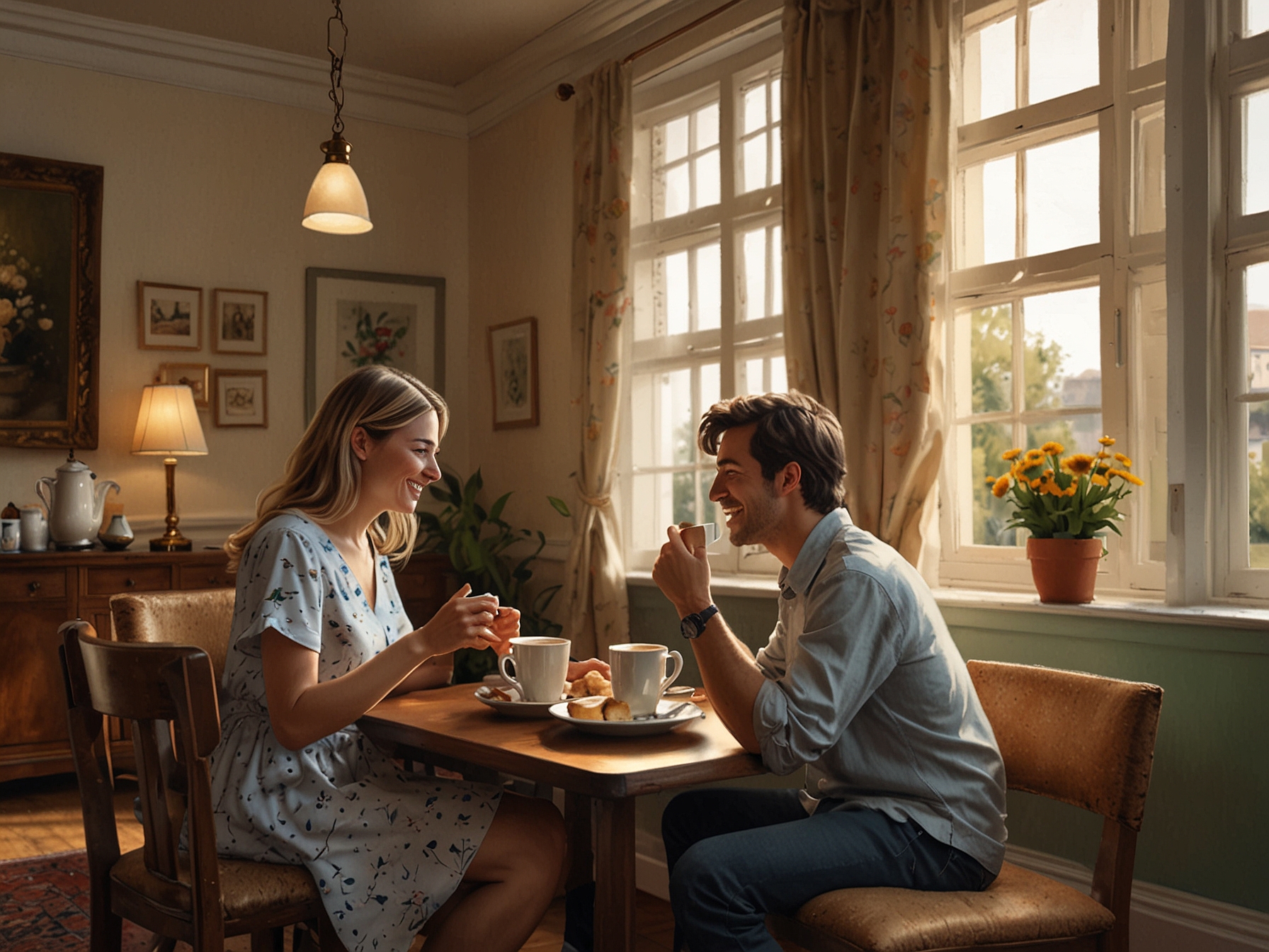 A cozy indoor setting where friends are laughing and enjoying tea together, depicting the joy and connection that afternoon tea brings among loved ones.