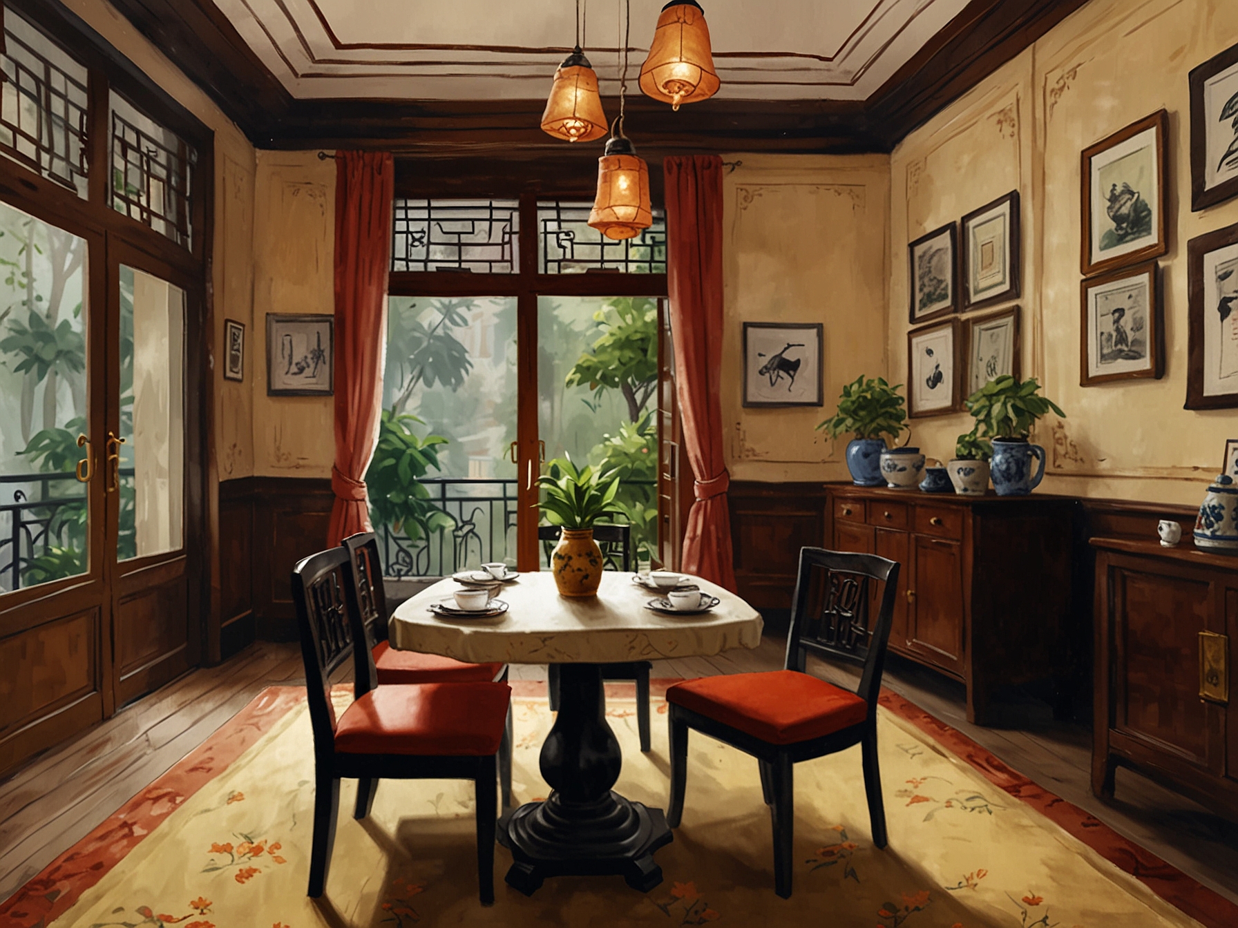 An elegant tea shop in Hanoi, featuring classic decor that evokes the rich history of tea culture, inviting guests to immerse themselves in a unique experience.