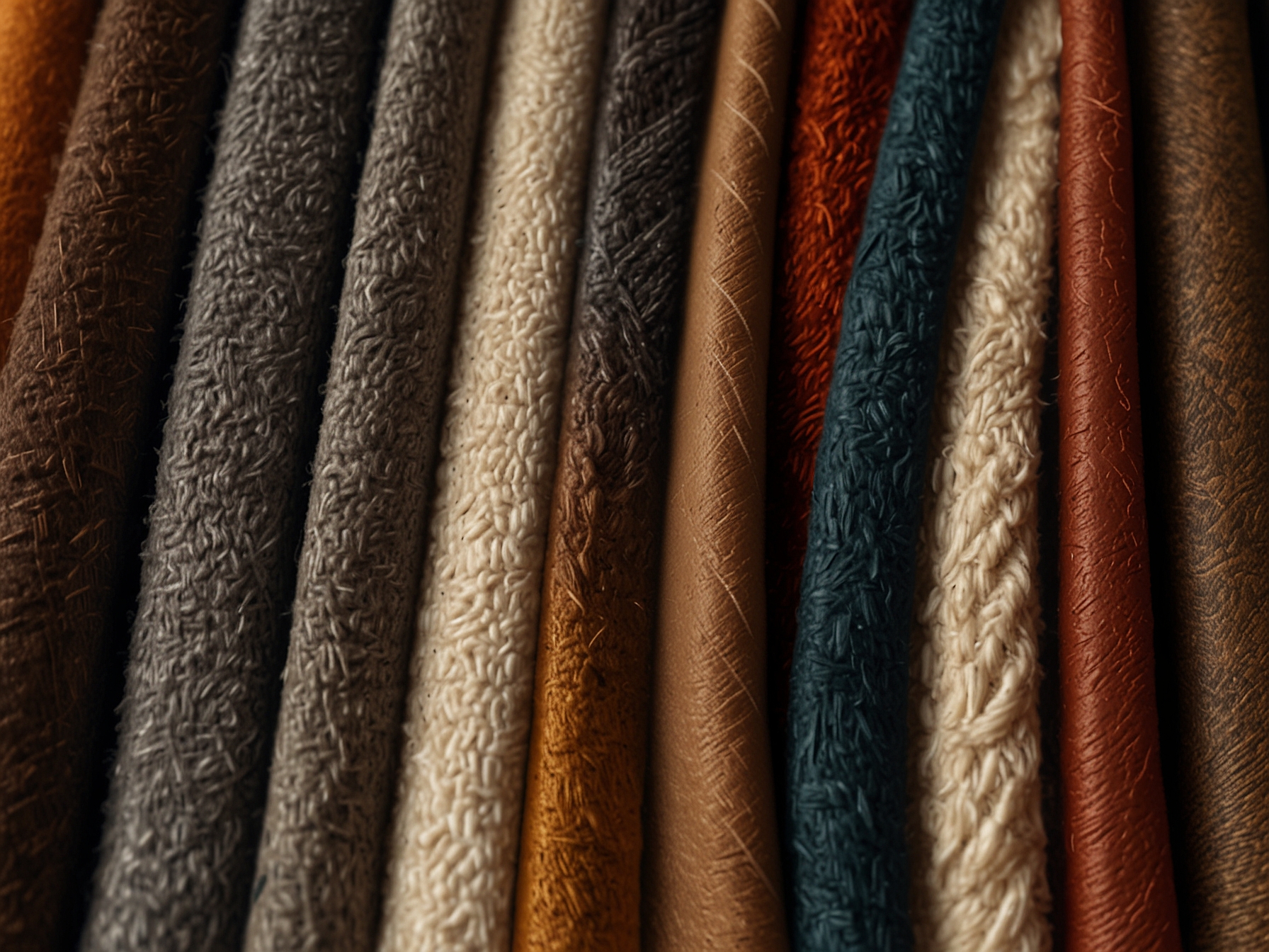 Close-up of different fabric swatches including cashmere, wool, and leather, showcasing the luxurious textures that are perfect for fall fashion choices.