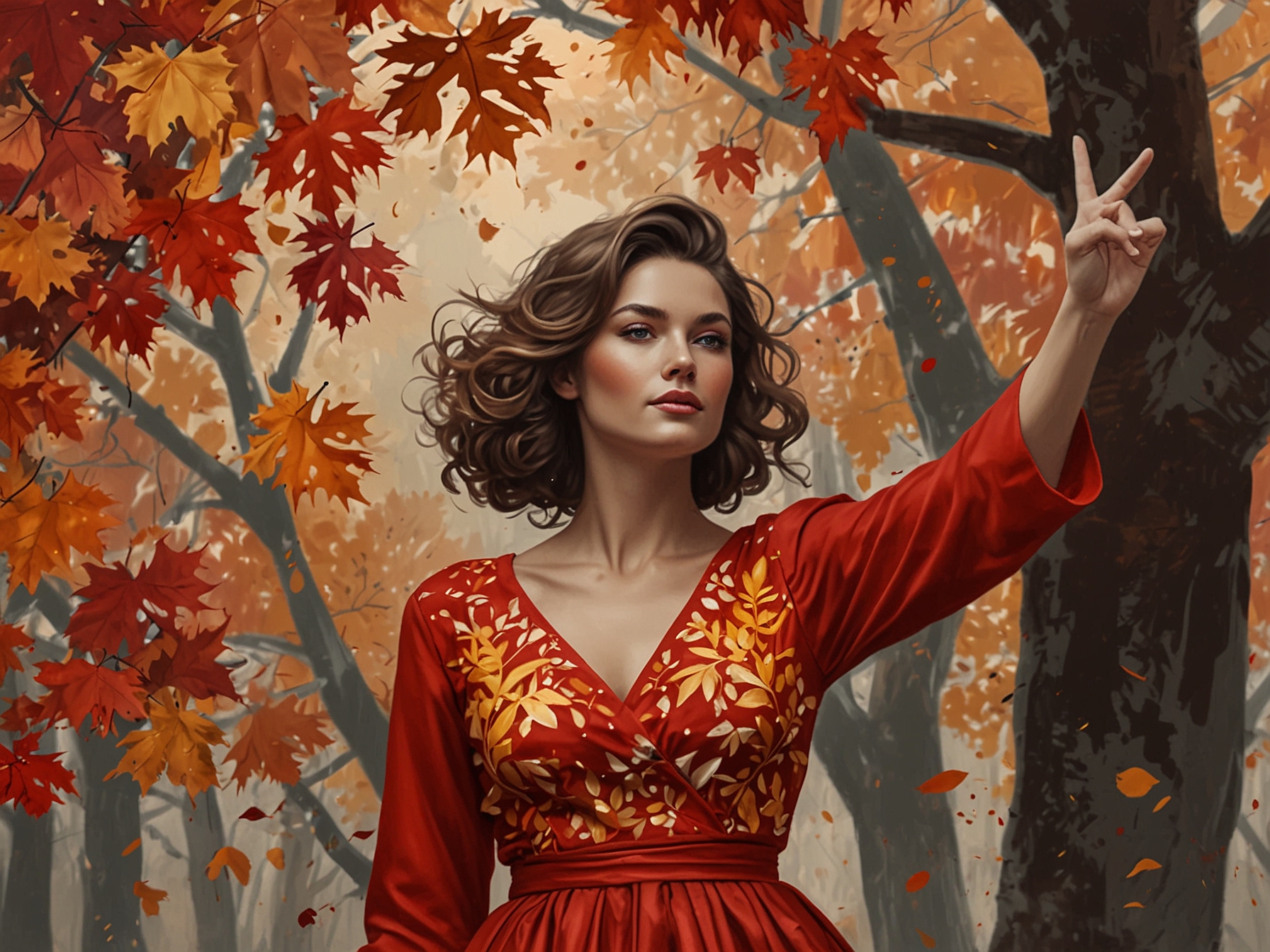 Vibrant autumn leaves in shades of red and gold surround a stunning red dress hung on a branch, embodying the energetic spirit of fall fashion.