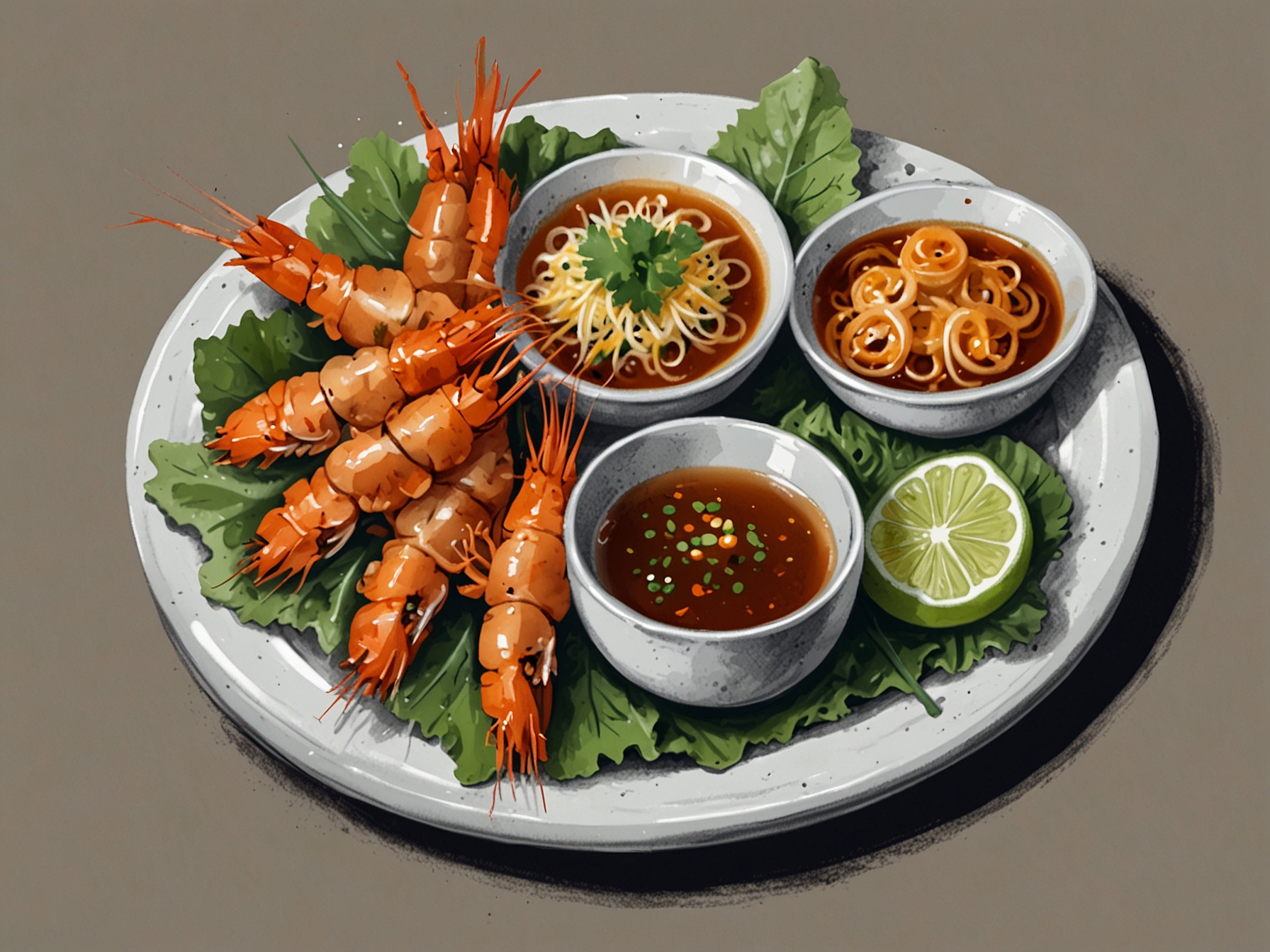 A plate of crispy bánh xèo filled with shrimp, bean sprouts, and fresh herbs served with a tangy dipping sauce, showcasing the harmony of flavors.