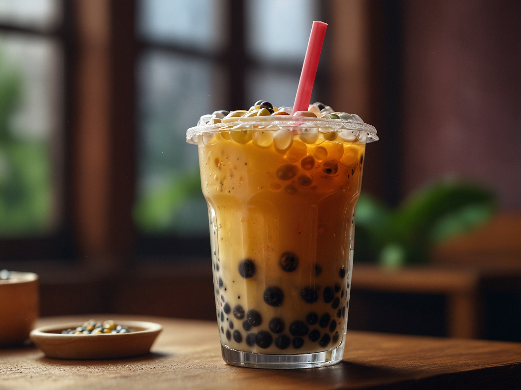 A vibrant cup of bubble tea adorned with chewy boba pearls, illustrating the trendy beverage culture among Vietnamese youth during social gatherings.