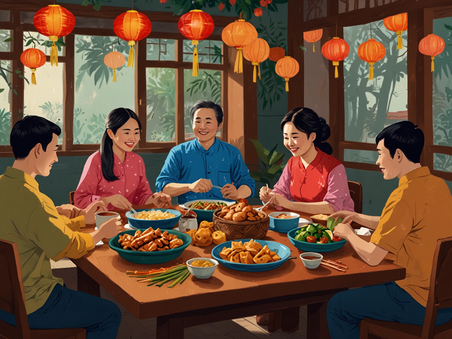 A vibrant family gathering during Tết with colorful decorations and traditional dishes, symbolizing the warmth of family bonds highlighted in 'Người Lì Xì'.