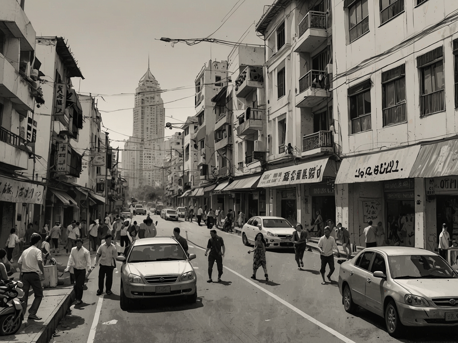 Action-packed scene of characters running through a modern city, showcasing the high-stakes life-or-death situations in 'Cuộc Chạy Đua Tử Thần'.