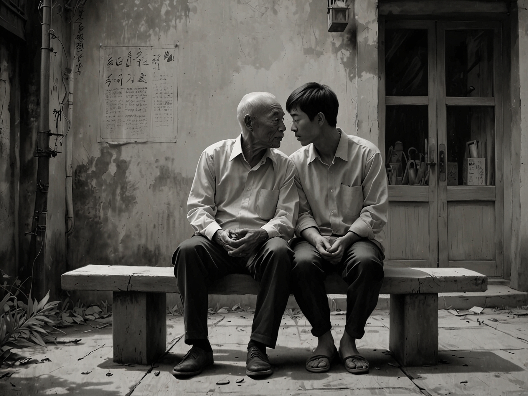 A poignant moment of connection between two men, subtly highlighting their love amidst societal prejudices, representing 'Yêu Trong Im Lặng'.