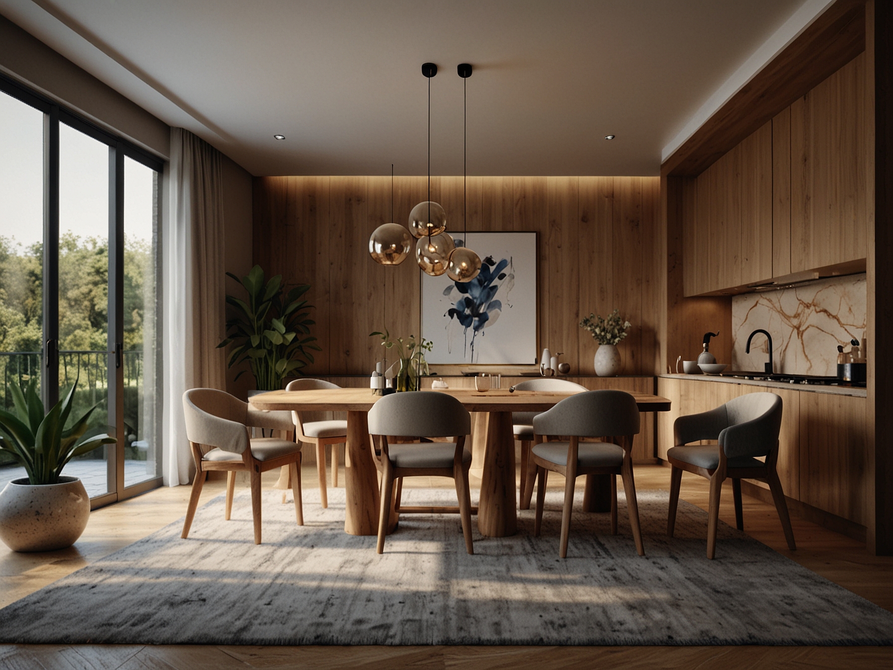 An elegant dining area styled with a unique wooden dining table and comfortable chairs, showcasing a perfect blend of materials and design.