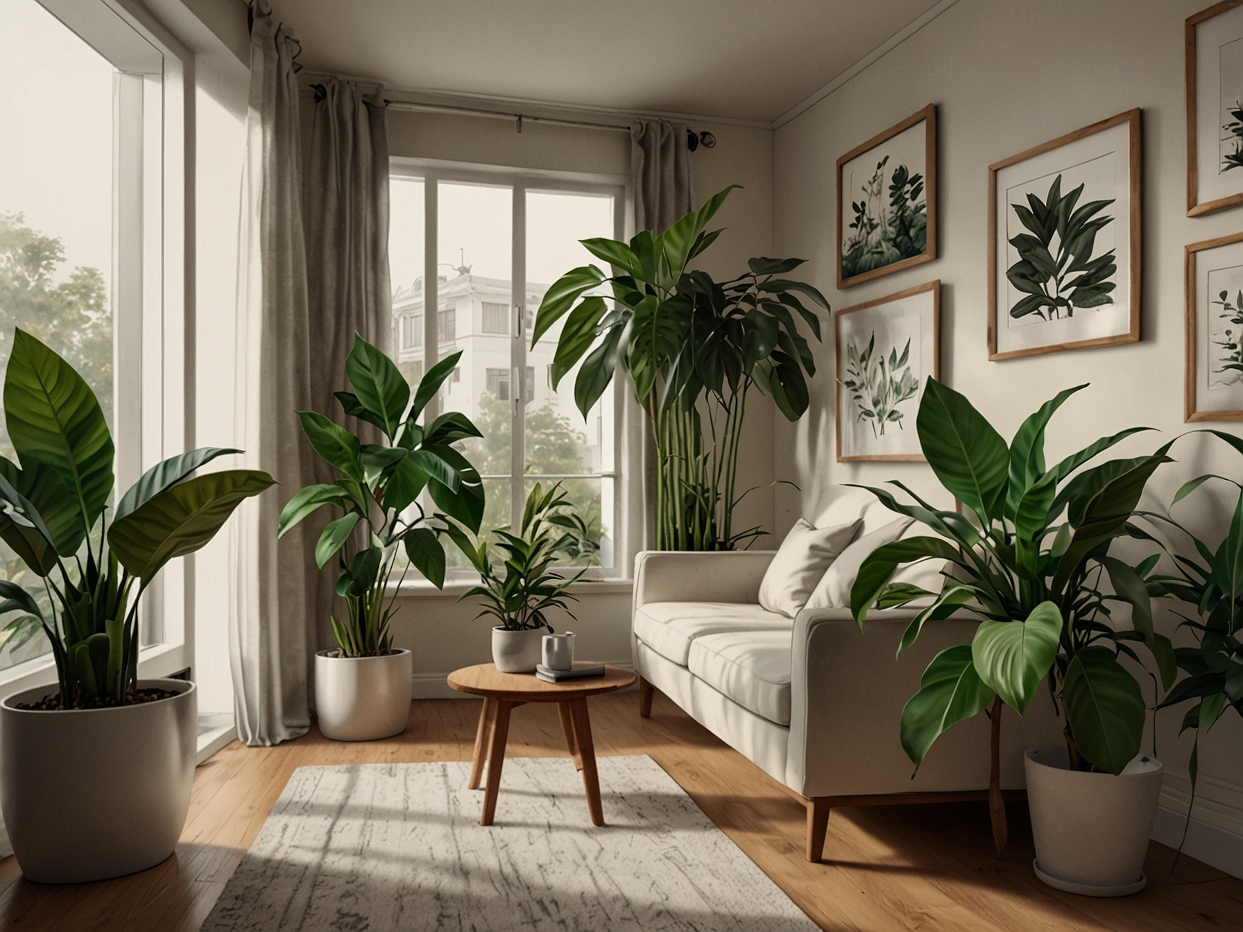 Indoor plants adorning a corner of the room, such as snake plants and pothos, enhancing the freshness and connection to nature within the home.