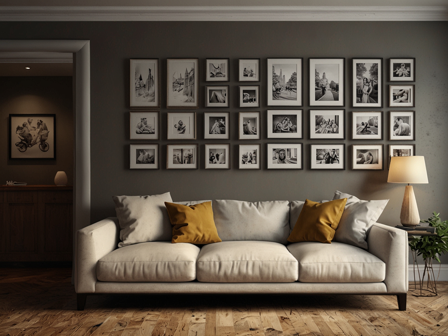 A creative gallery wall filled with personal photographs, displaying treasured memories that add character and warmth to the living space.