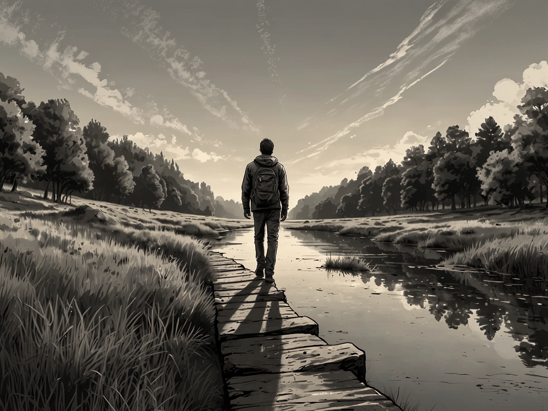 A person reflecting while walking in a beautiful outdoor setting, symbolizing the journey of self-discovery and the pursuit of personal growth amidst daily challenges.