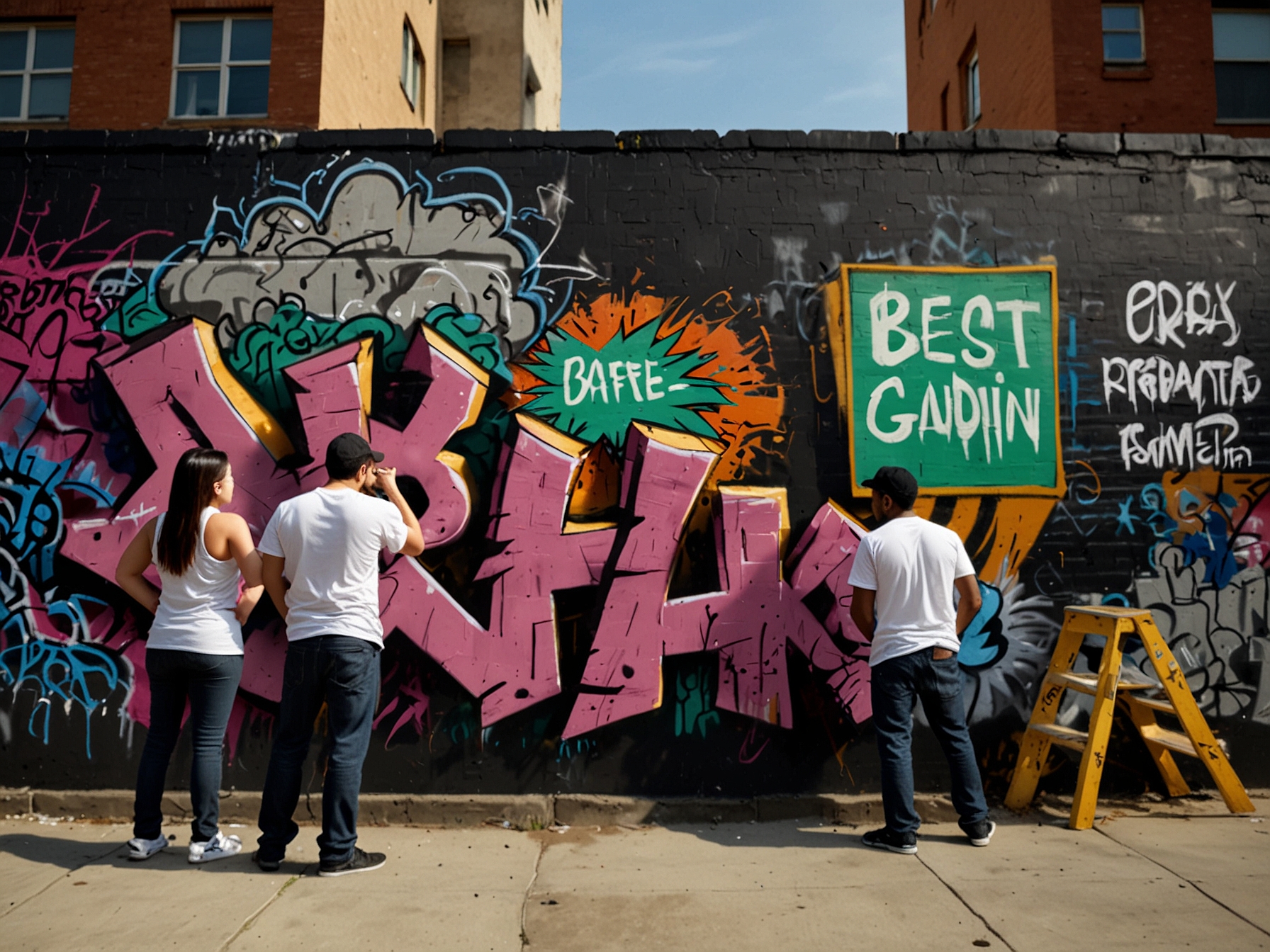 A group of young artists collaborating on a large graffiti piece that features bold characters and slogans, symbolizing youth empowerment and social commentary.