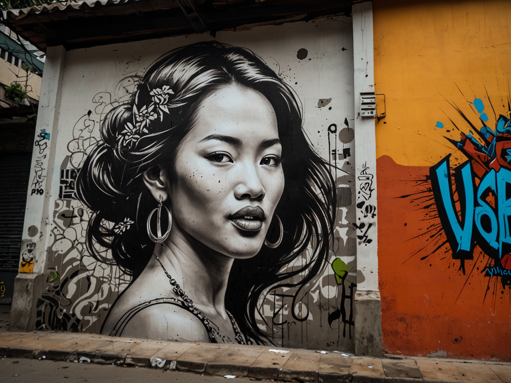 A mural in Ho Chi Minh City showcasing traditional Vietnamese themes intertwined with modern graffiti elements, demonstrating the cultural fusion in contemporary street art.