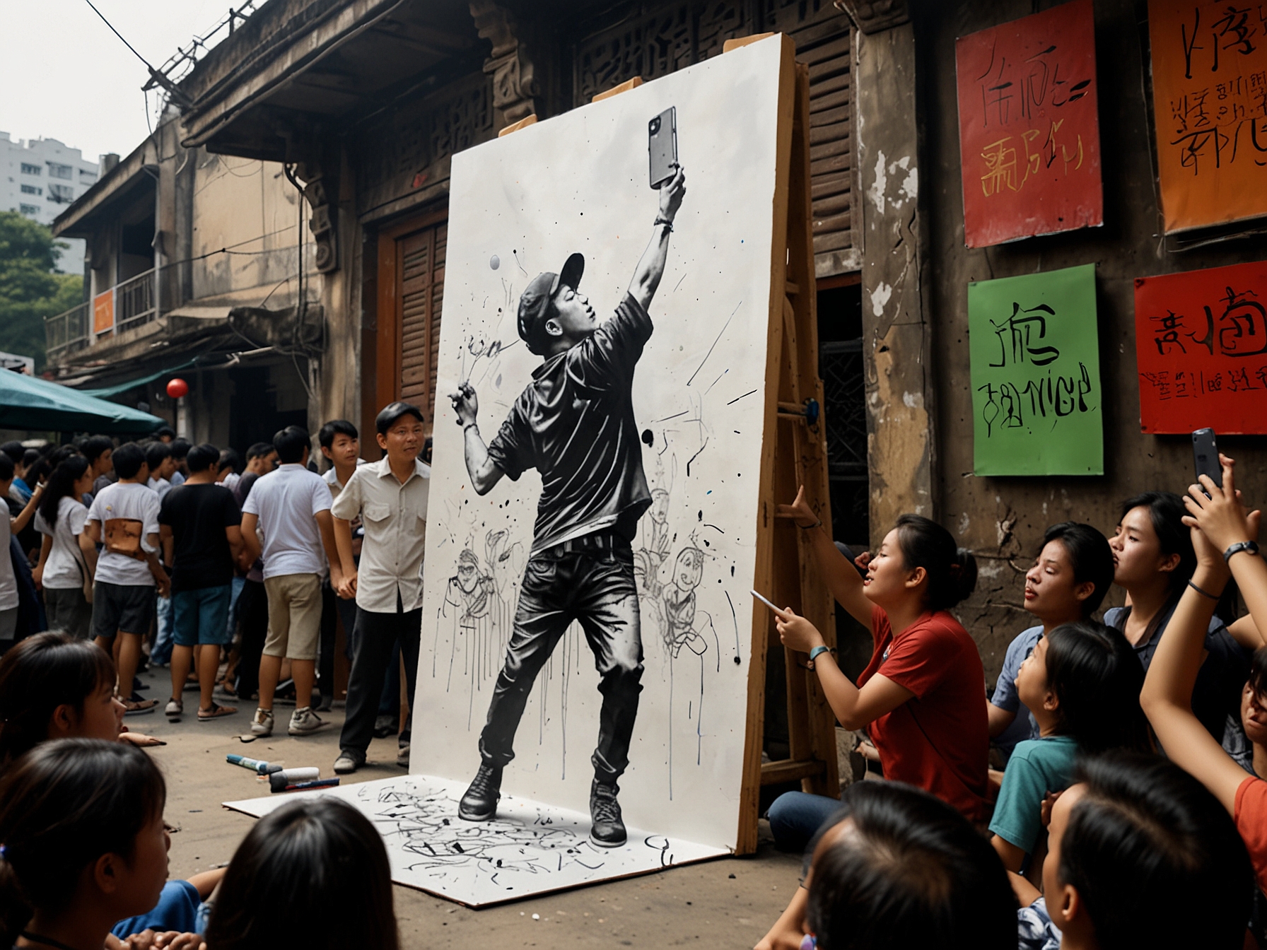 An artist performing live street art during the Hanoi Street Art Festival, surrounded by an enthusiastic crowd, illustrating the lively interaction between artists and viewers.