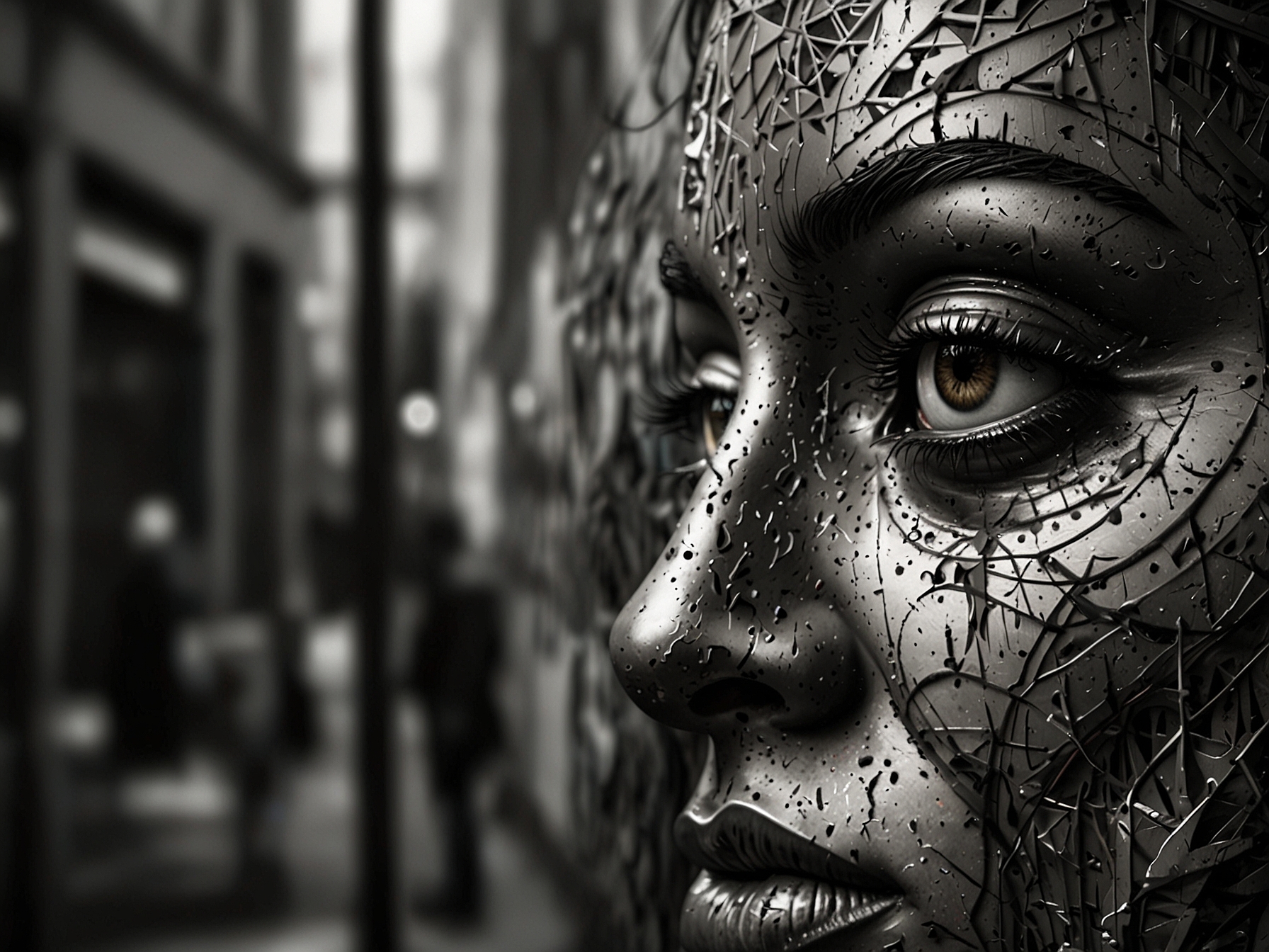 A close-up view of a street art piece with intricate details and emotive expressions, encouraging onlookers to reflect on its meaning and the artistic process behind it.