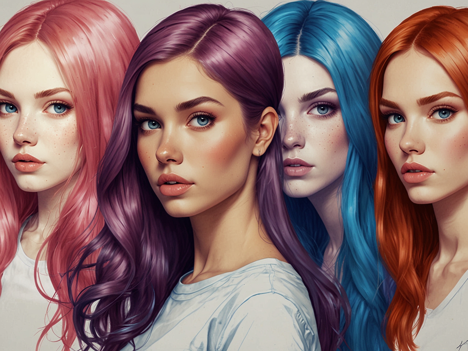 An array of vibrant hair colors, including blue, pink, and purple, represented by young people flaunting their unique styles, symbolizing self-identity and individuality.