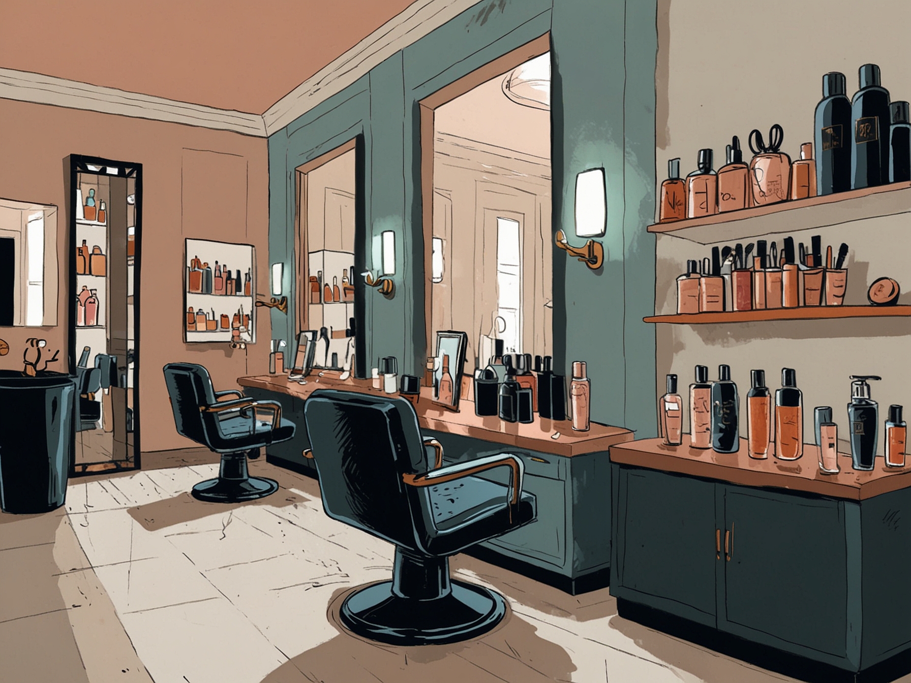 A beautifully arranged salon scene with hair care products like shampoos and serums, emphasizing the art and routine of hair care as a vital part of self-care.