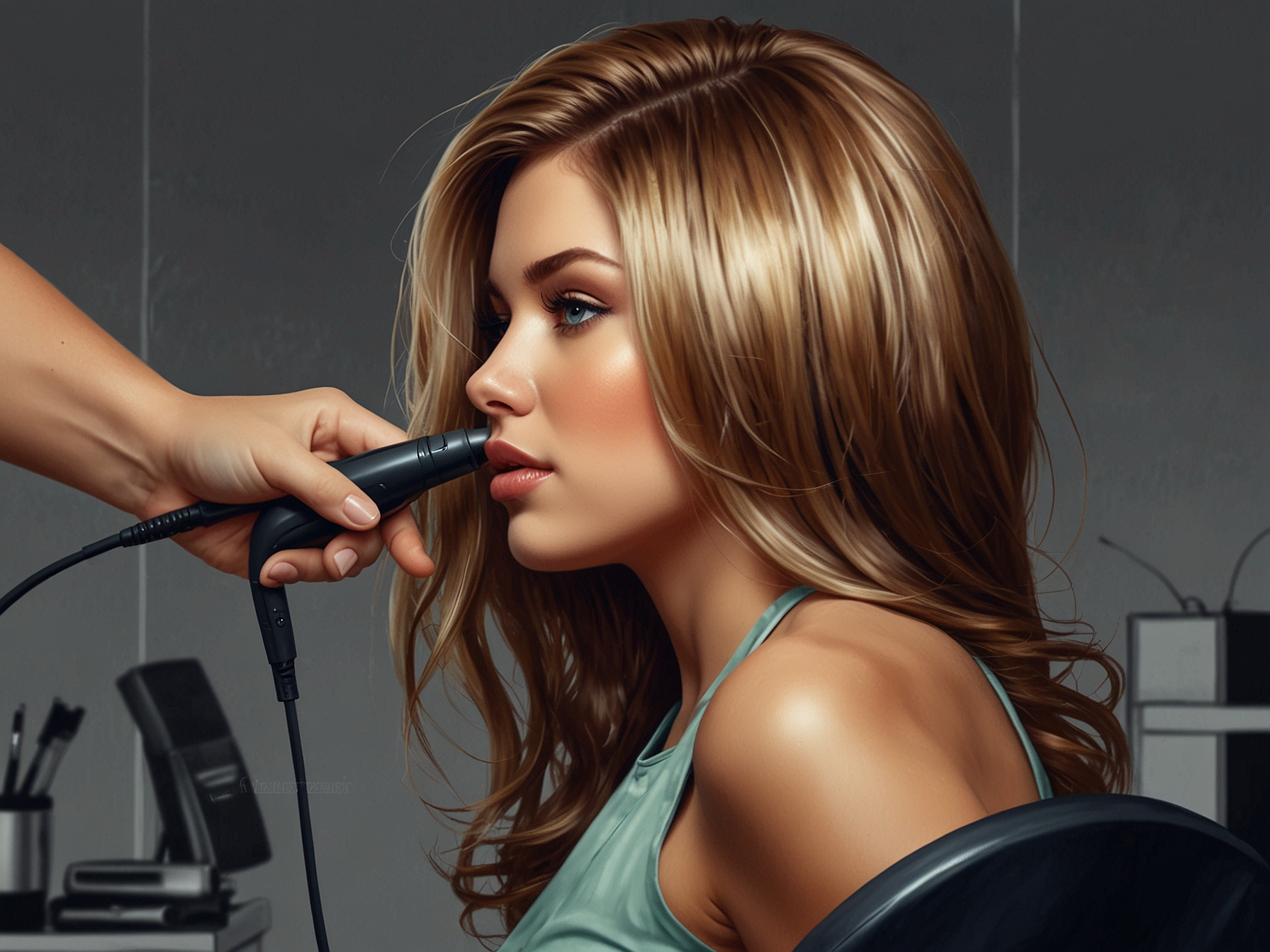 A stylist using advanced tools like curling irons and straighteners on a client's hair, highlighting how technology empowers individuals to create stunning hairstyles at home.