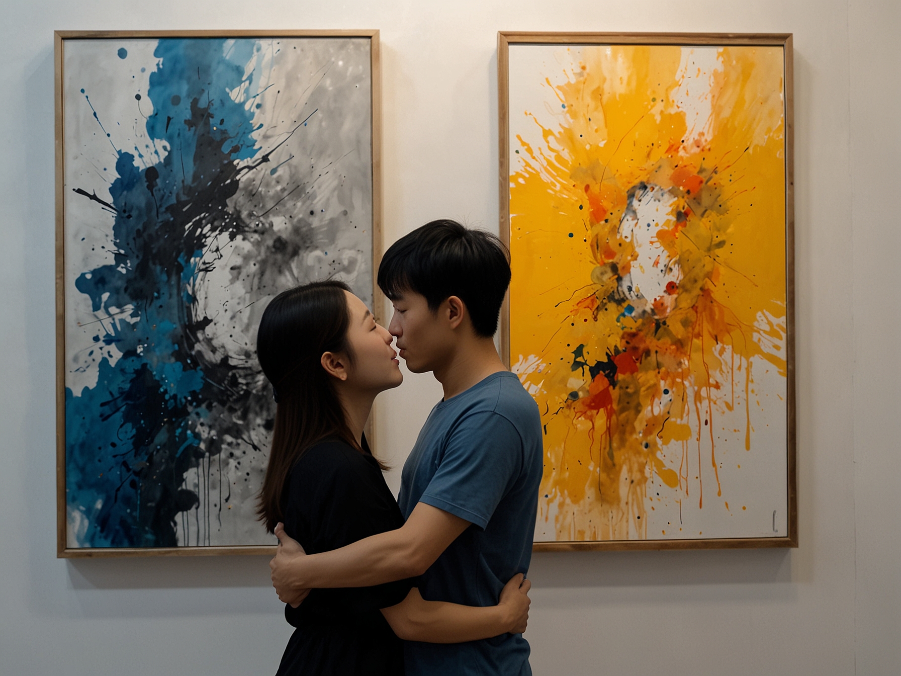 An abstract painting by artist Nguyễn Thái Tuấn displayed in an art gallery, highlighting the emotional connection between art and the viewer.