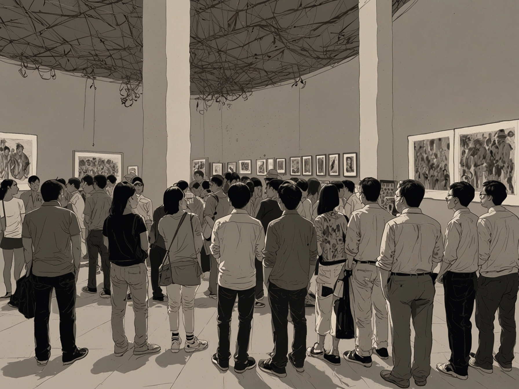 A crowd at a contemporary art exhibition in Hanoi, engaging with different artworks and participating in discussions with artists.