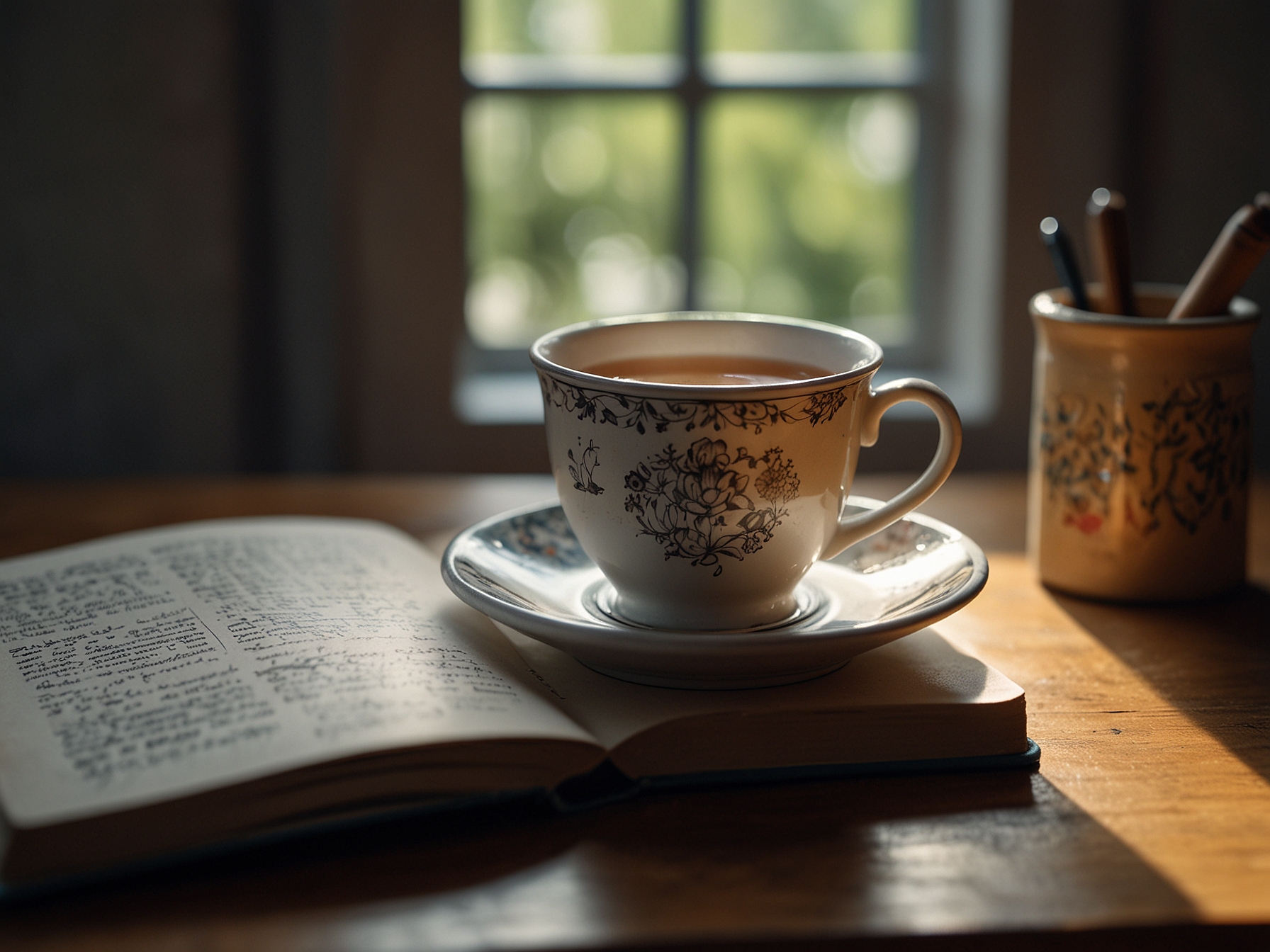 A comforting cup of tea on a table beside an open book, representing quiet moments dedicated to self-reflection and the significance of nurturing one’s emotional well-being.