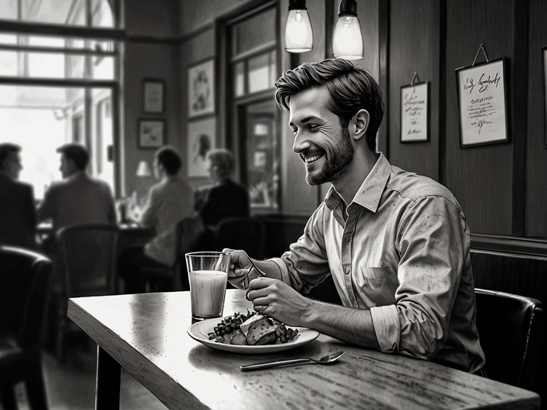 An individual enjoying a delicious meal at a restaurant, symbolizing the small choices we make that contribute to our happiness and satisfaction.