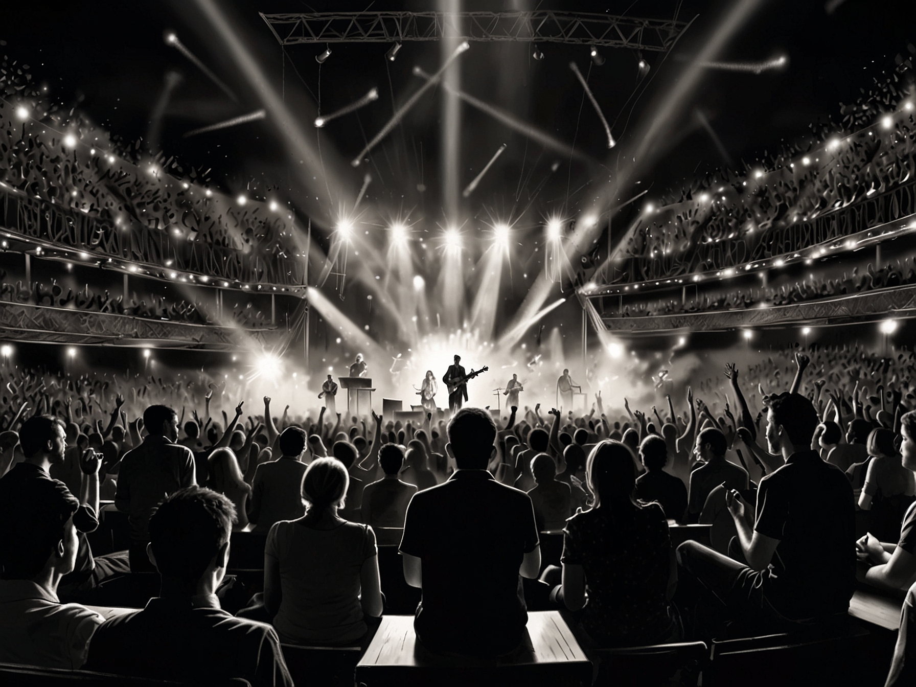 An intimate photograph of a live concert, where the audience is lost in the music, showcasing the powerful connection between performers and spectators in the realm of art.