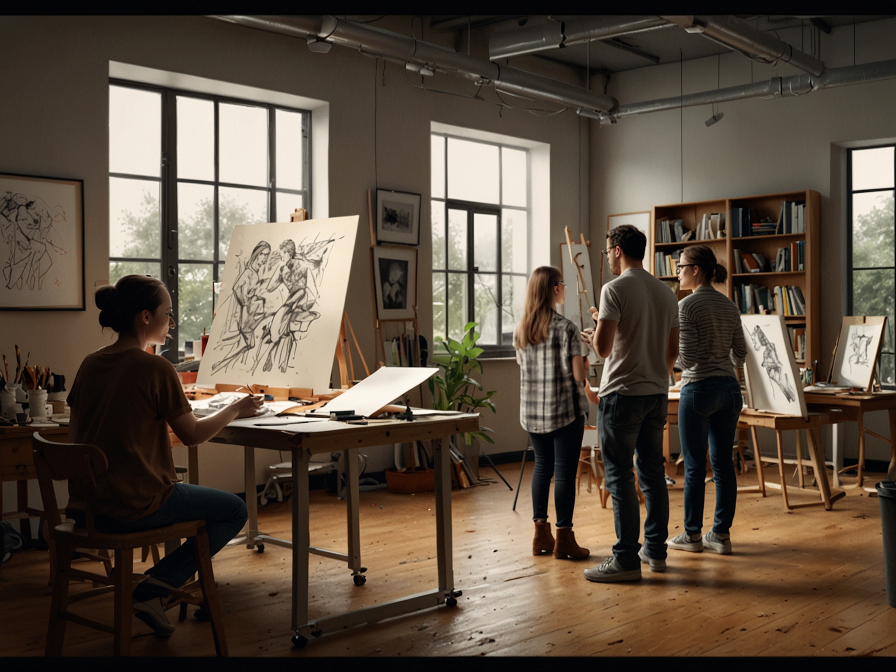 An open studio scene where diverse artists are engaged in various creative activities, reflecting the limitless possibilities of artistic expression in modern society.