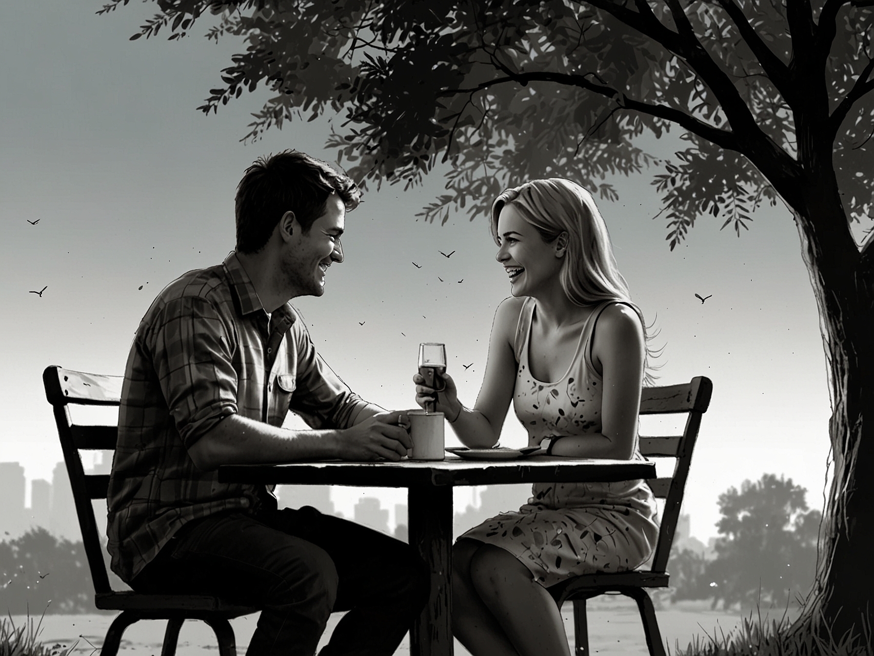 An outdoor romantic setting where a couple shares a laugh, emphasizing the importance of humor and light-hearted moments in flirting and relationships.