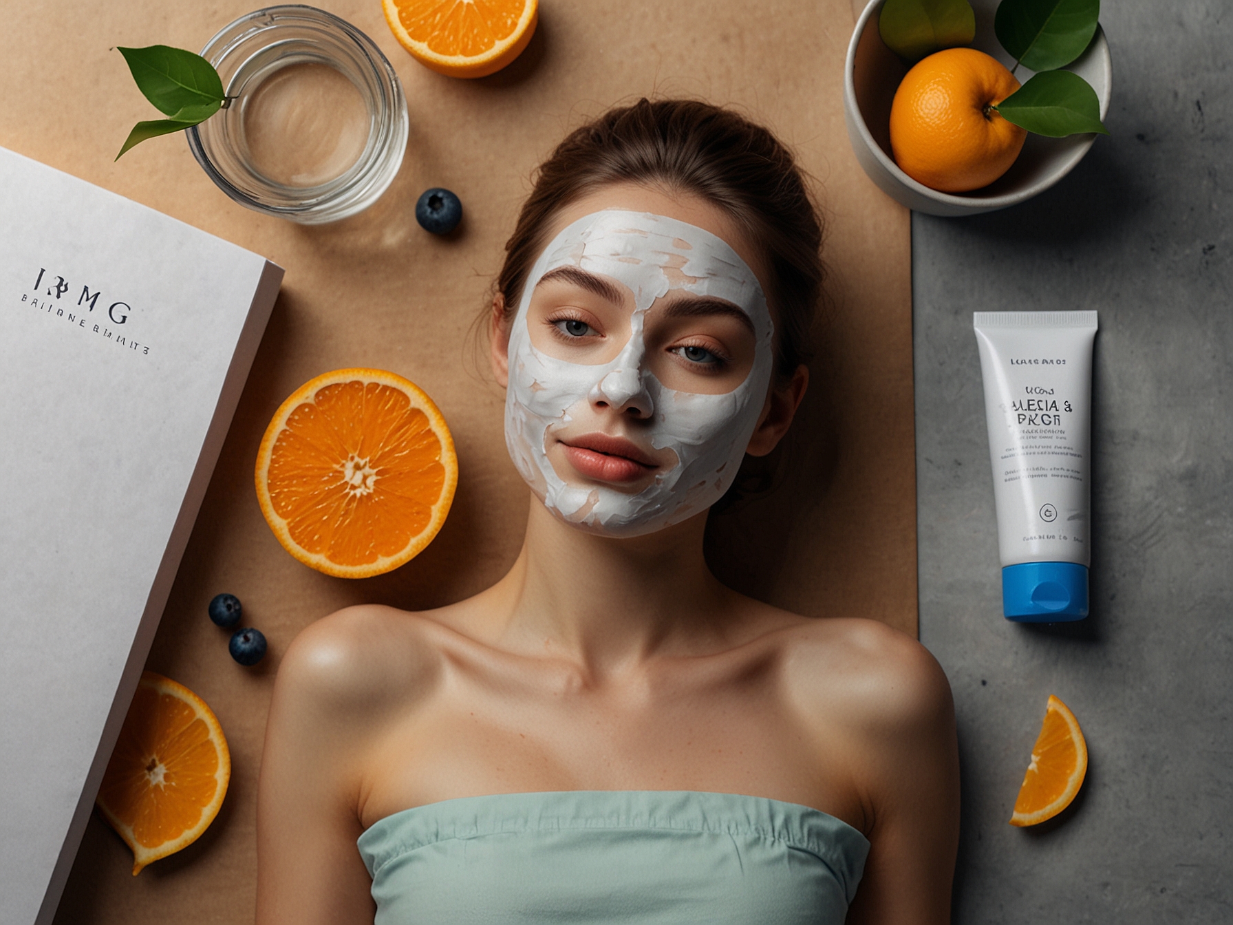 An artistic flat lay photo of a calming skincare routine scene with a face mask, fresh fruits, and a glass of water, emphasizing self-care and hydration for healthy skin.