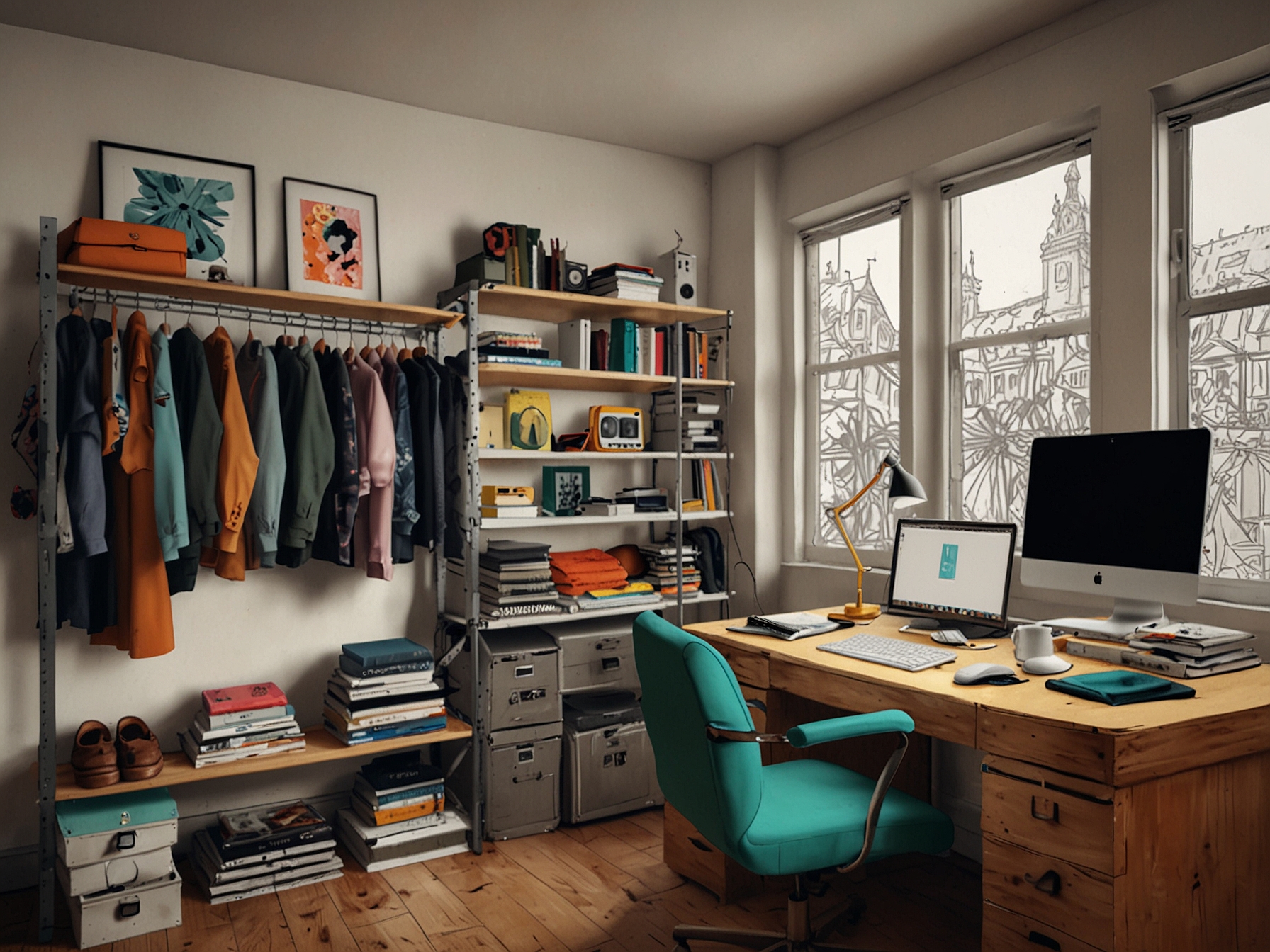 A designer's workspace showcasing a blend of 90s fashion trends and modern design, highlighting the revival of nostalgic styles in contemporary clothing.